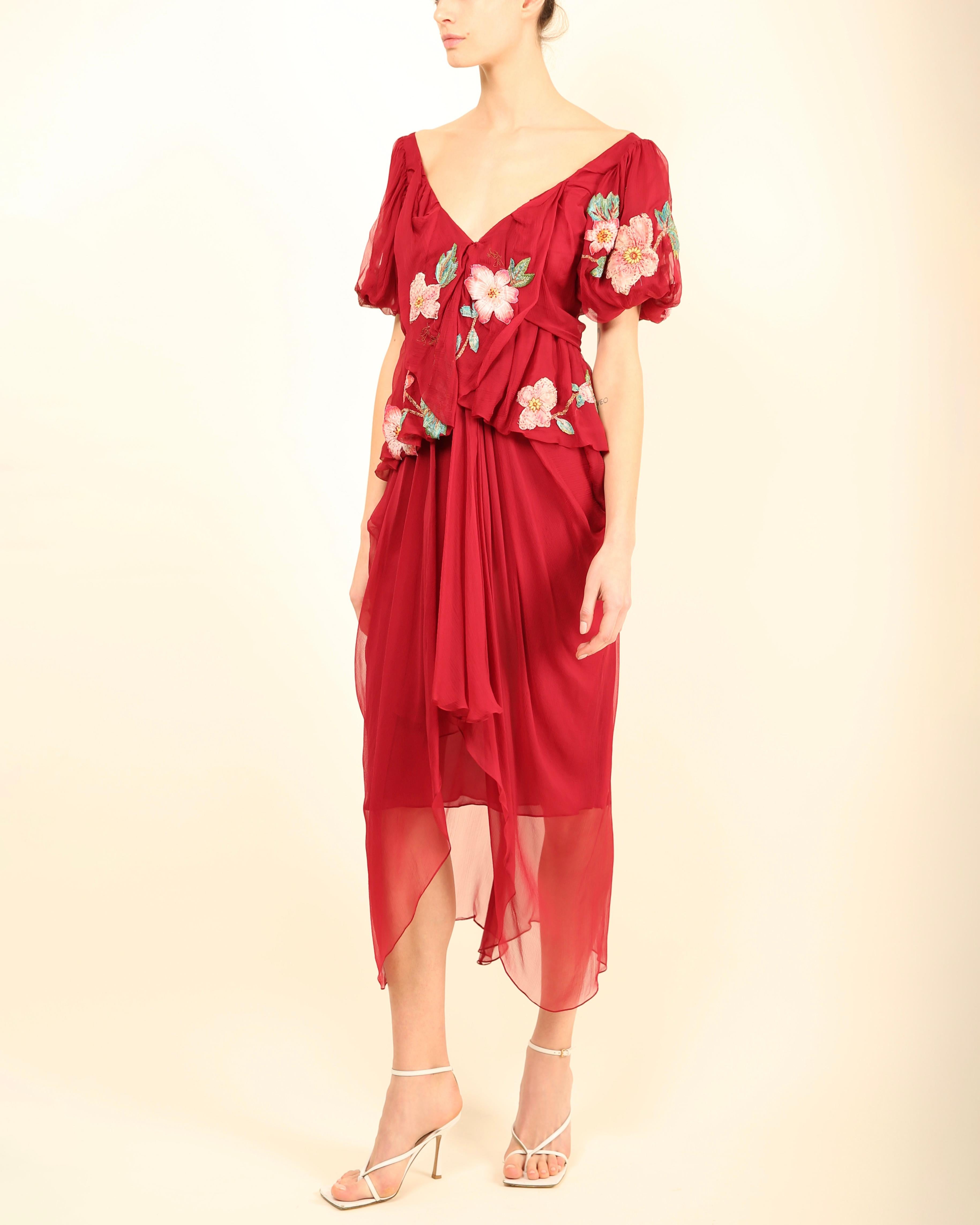 John Galliano fall 07 Burgundy silk sheer floral embroidered layered midi dress For Sale 6