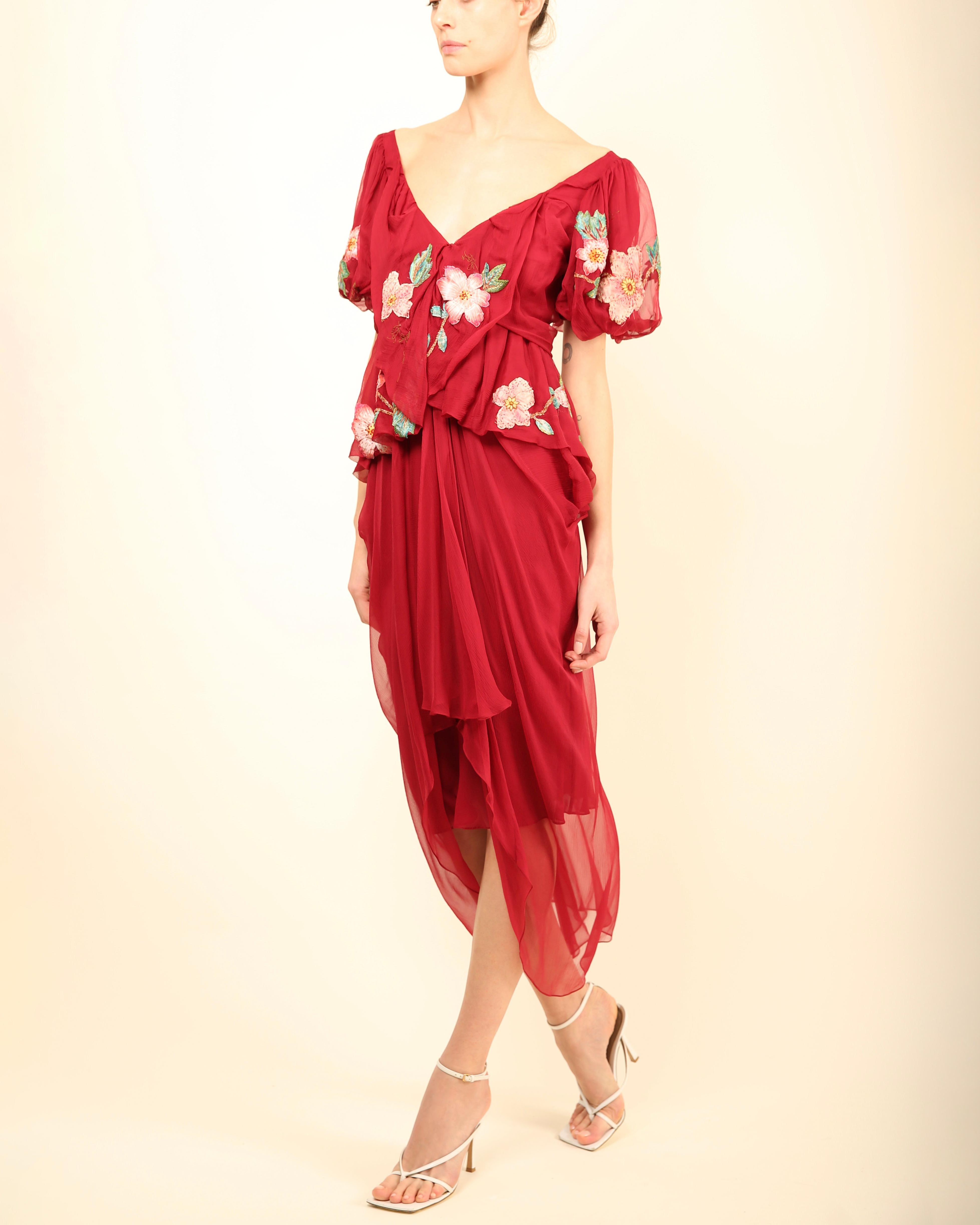 John Galliano fall 07 Burgundy silk sheer floral embroidered layered midi dress For Sale 7