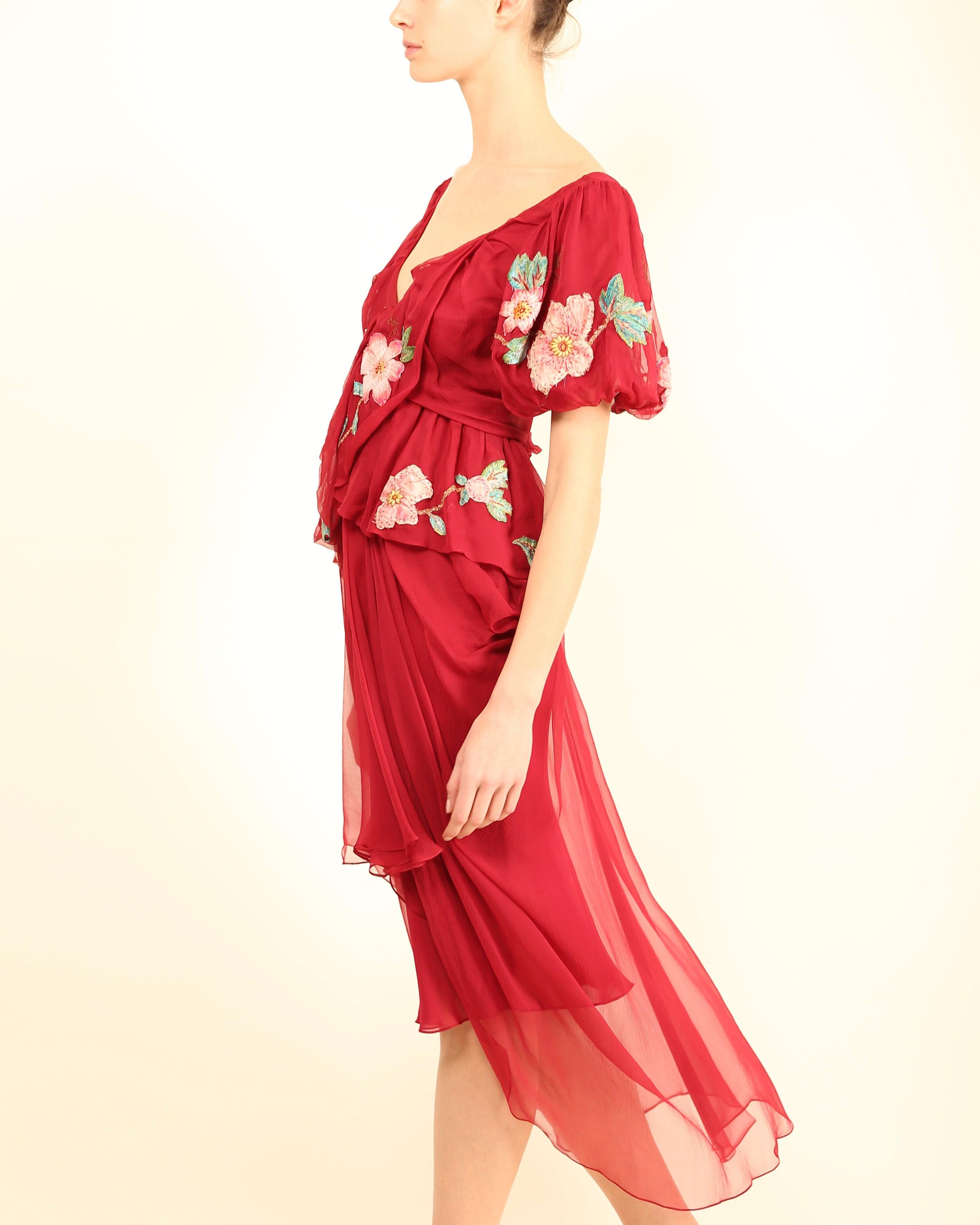 John Galliano fall 07 Burgundy silk sheer floral embroidered layered midi dress For Sale 8