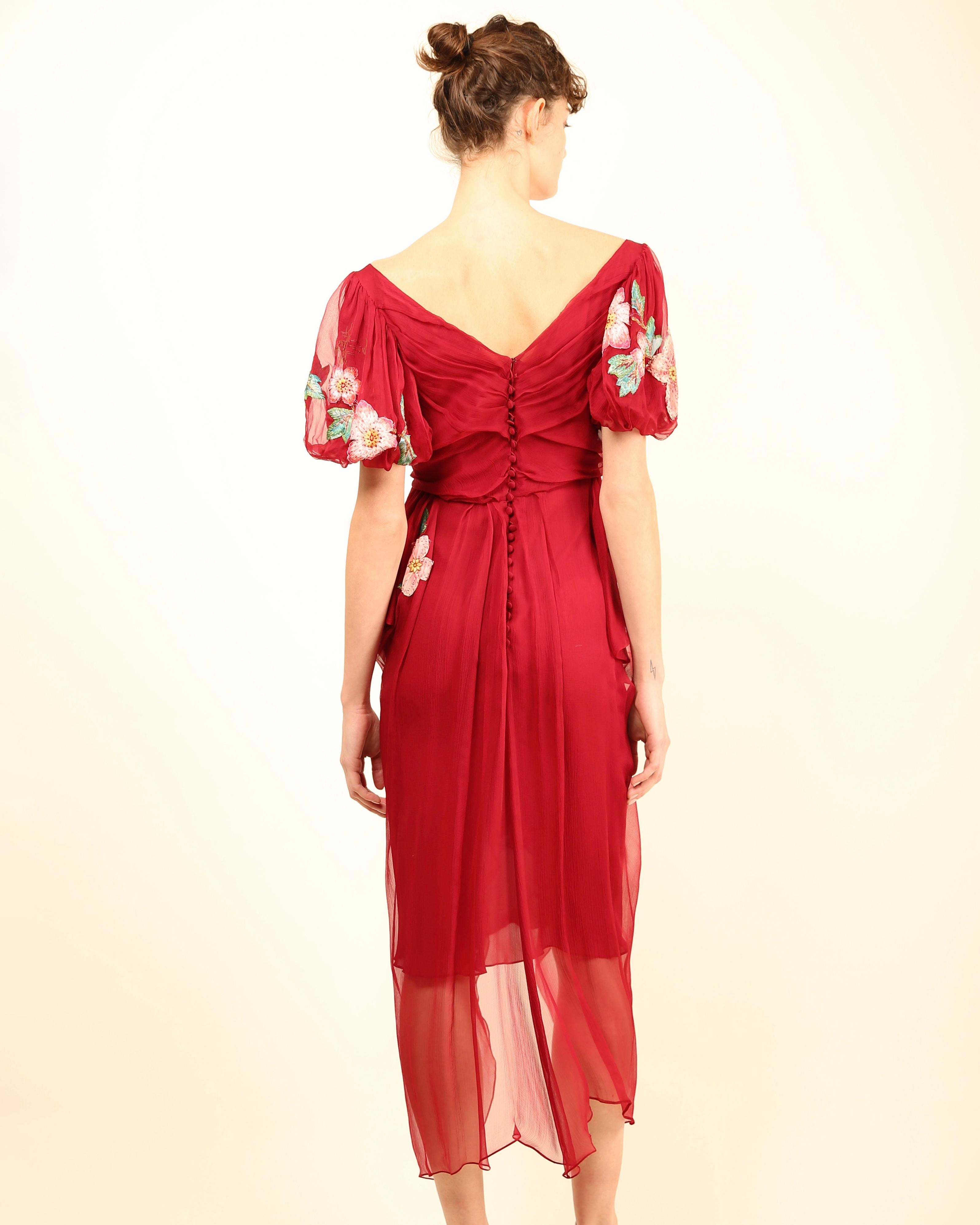 John Galliano fall 07 Burgundy silk sheer floral embroidered layered midi dress For Sale 10