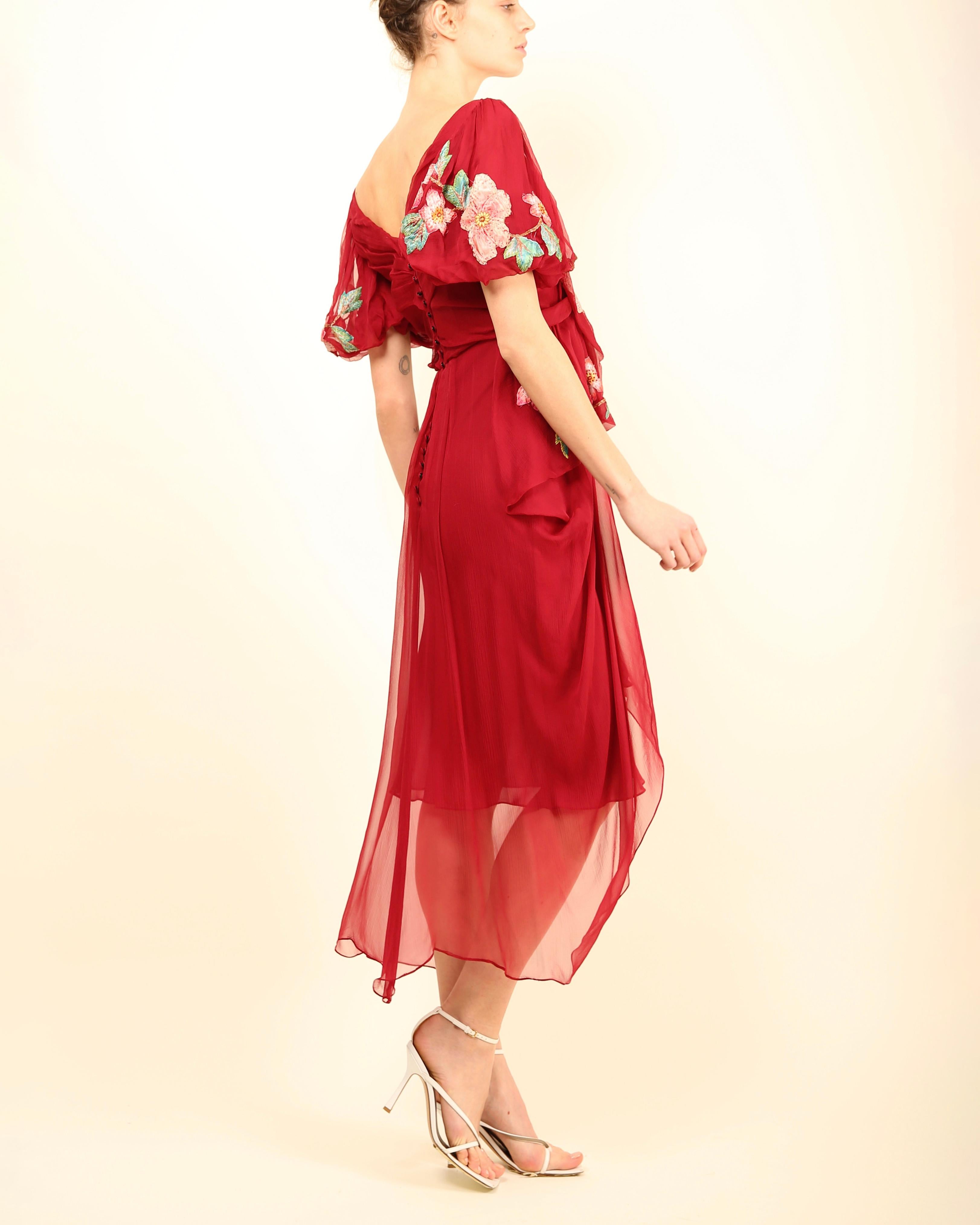 John Galliano fall 07 Burgundy silk sheer floral embroidered layered midi dress For Sale 11