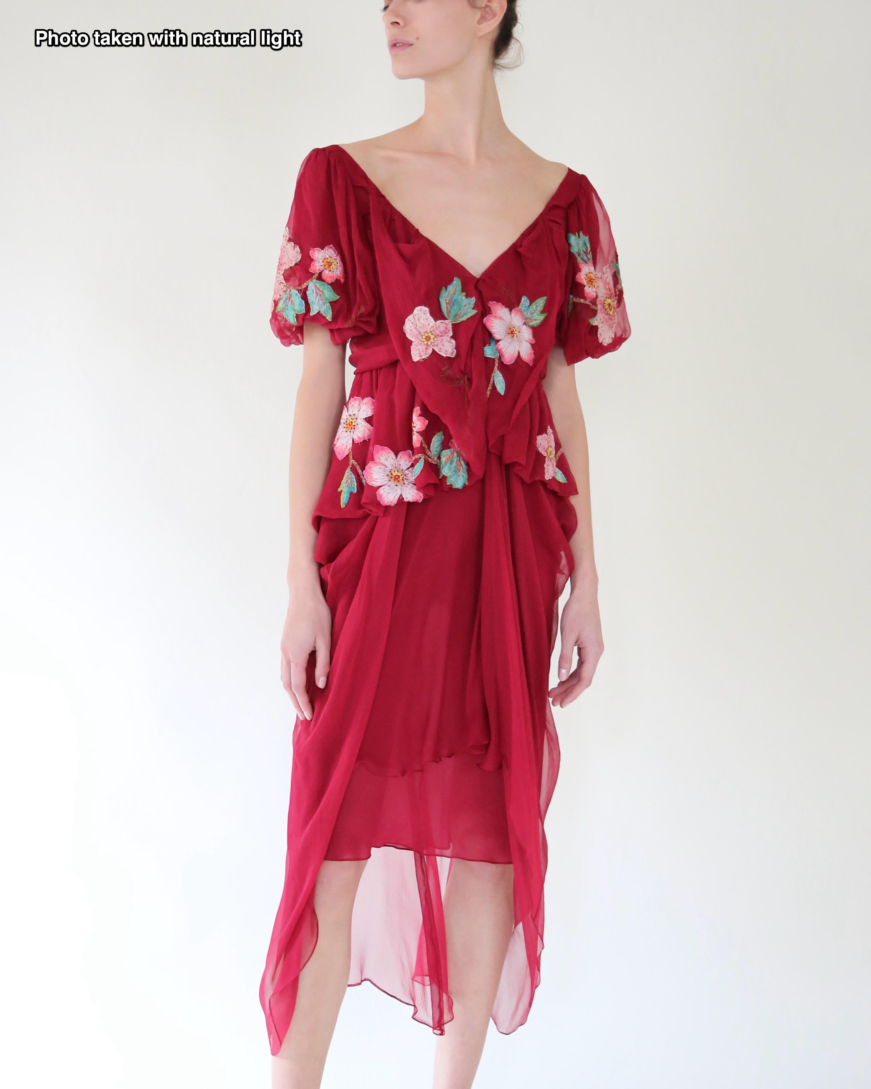 John Galliano fall 07 Burgundy silk sheer floral embroidered layered midi dress For Sale 12