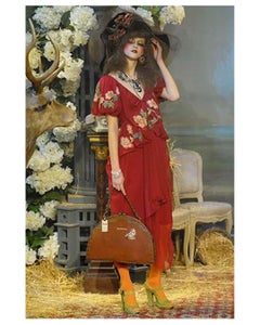 John Galliano fall 07 Burgundy silk sheer floral embroidered layered midi dress