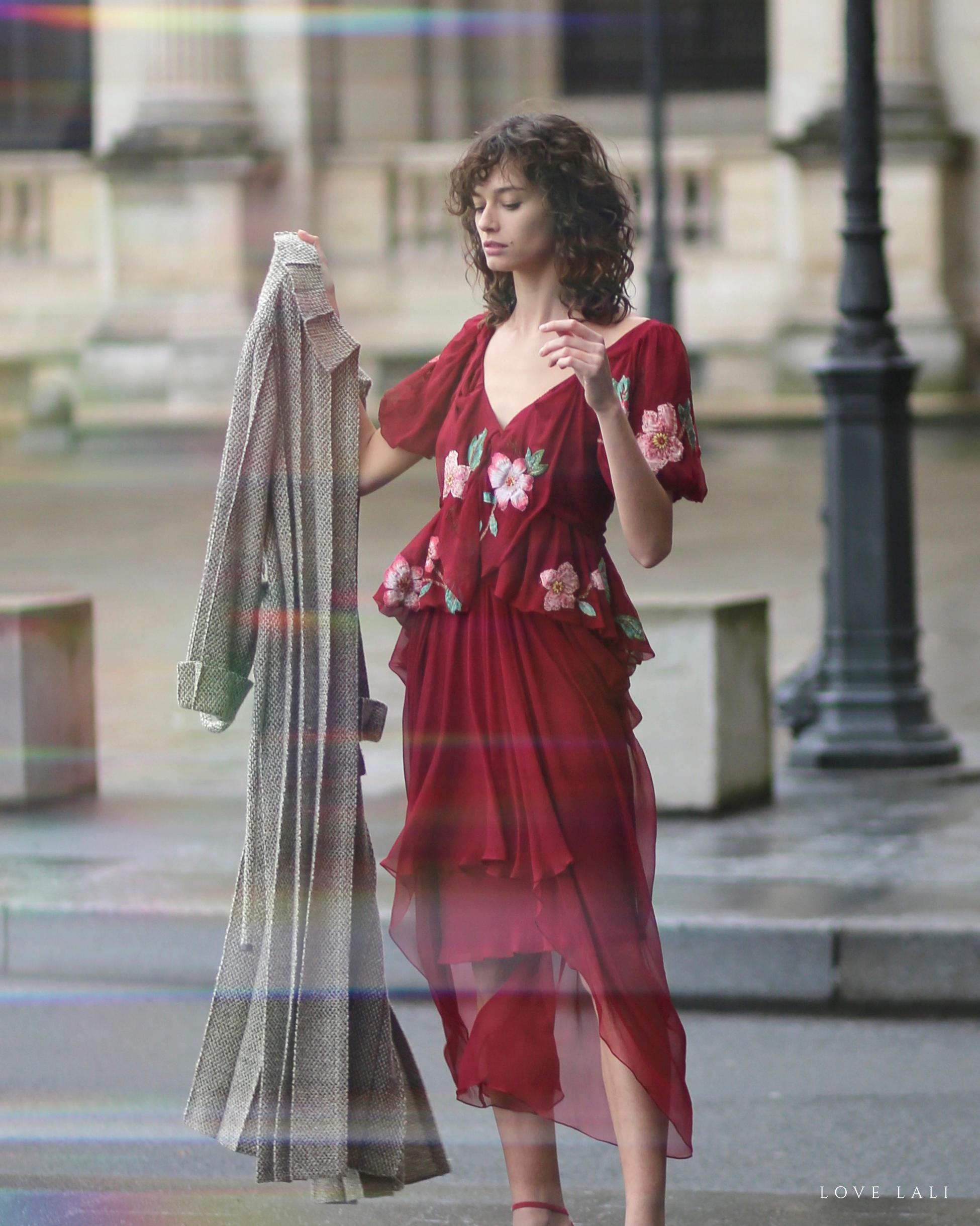 Red John Galliano fall 07 Burgundy silk sheer floral embroidered layered midi dress For Sale