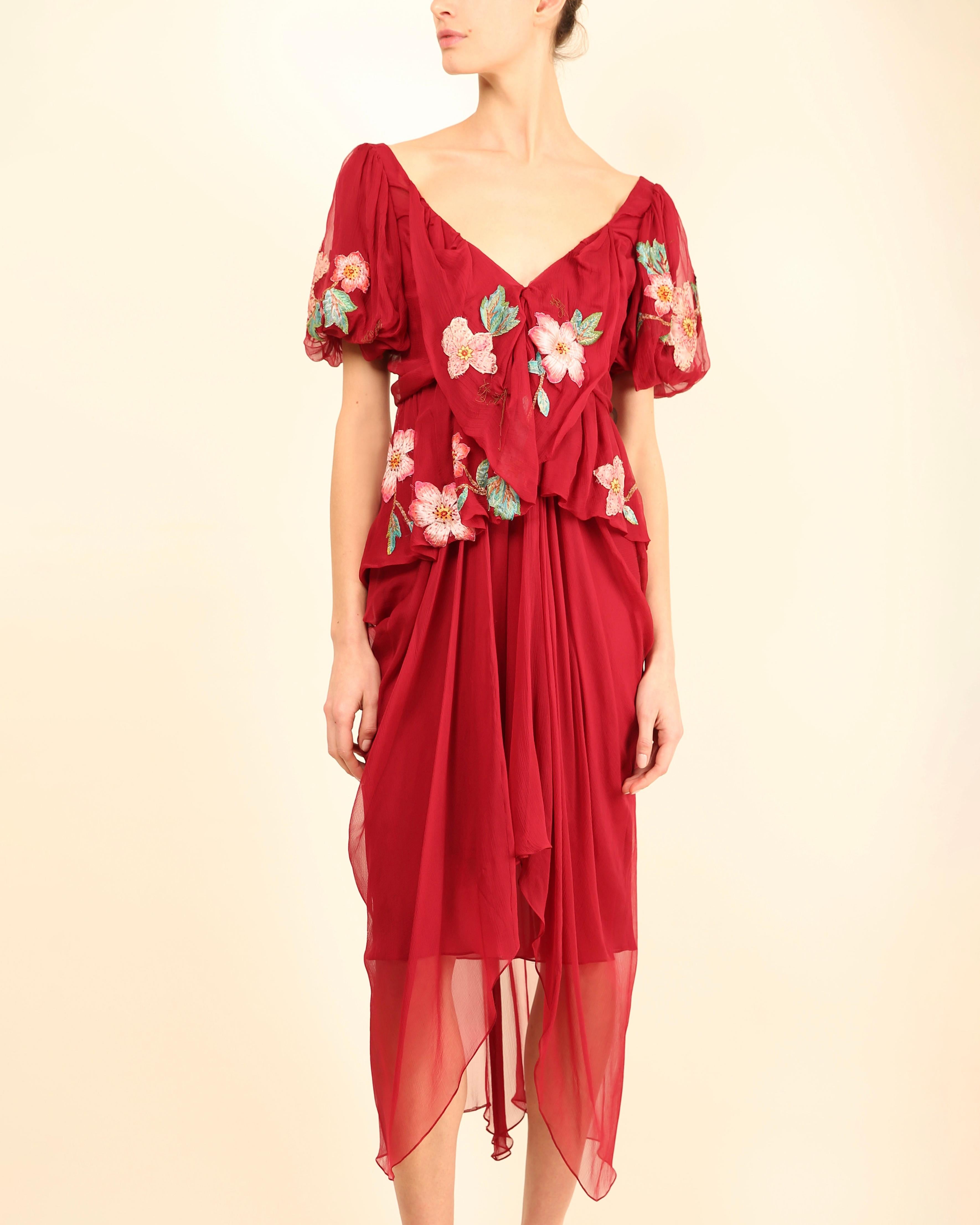 John Galliano fall 07 Burgundy silk sheer floral embroidered layered midi dress In Good Condition For Sale In Milano, Lombardia