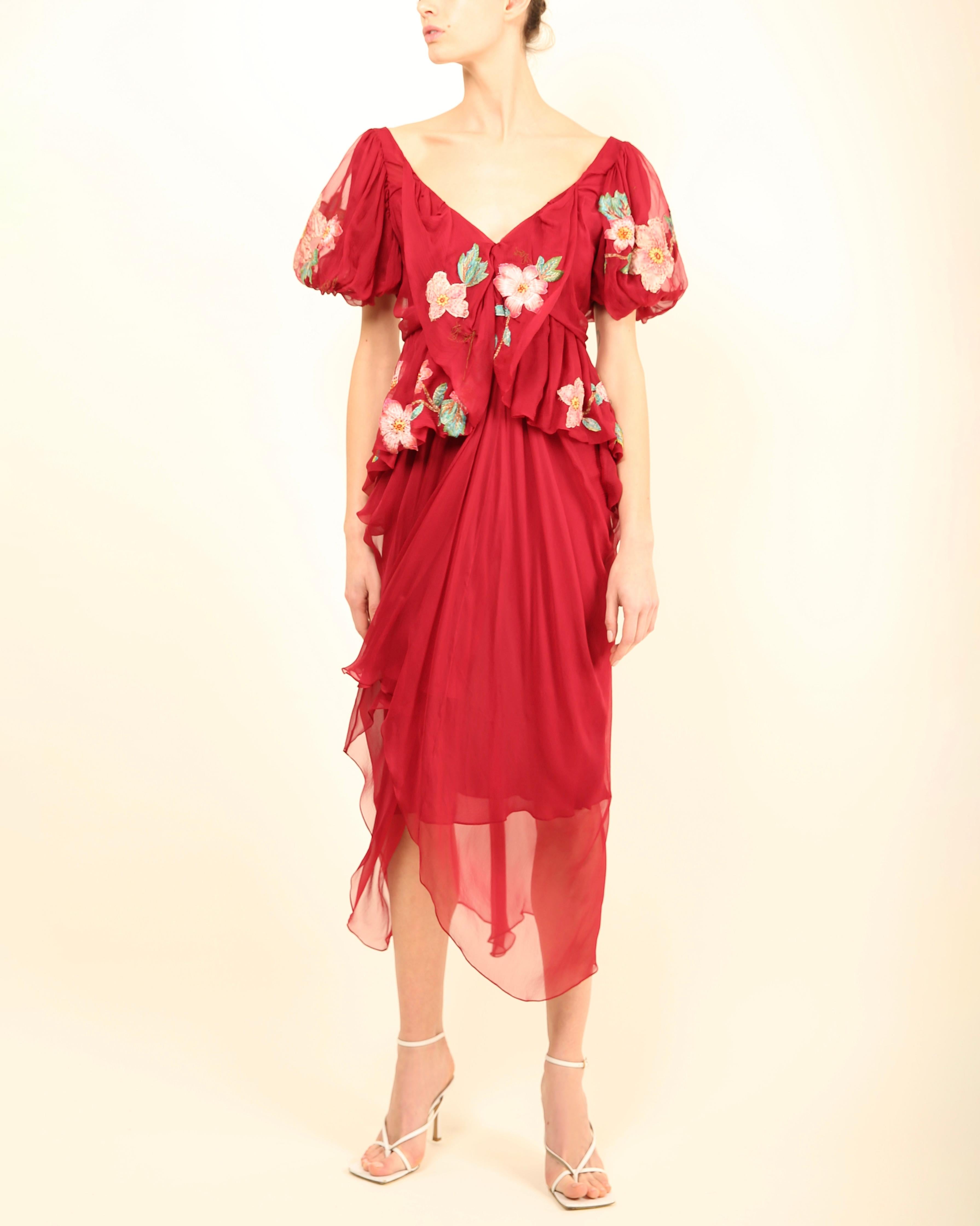 Women's John Galliano fall 07 Burgundy silk sheer floral embroidered layered midi dress For Sale