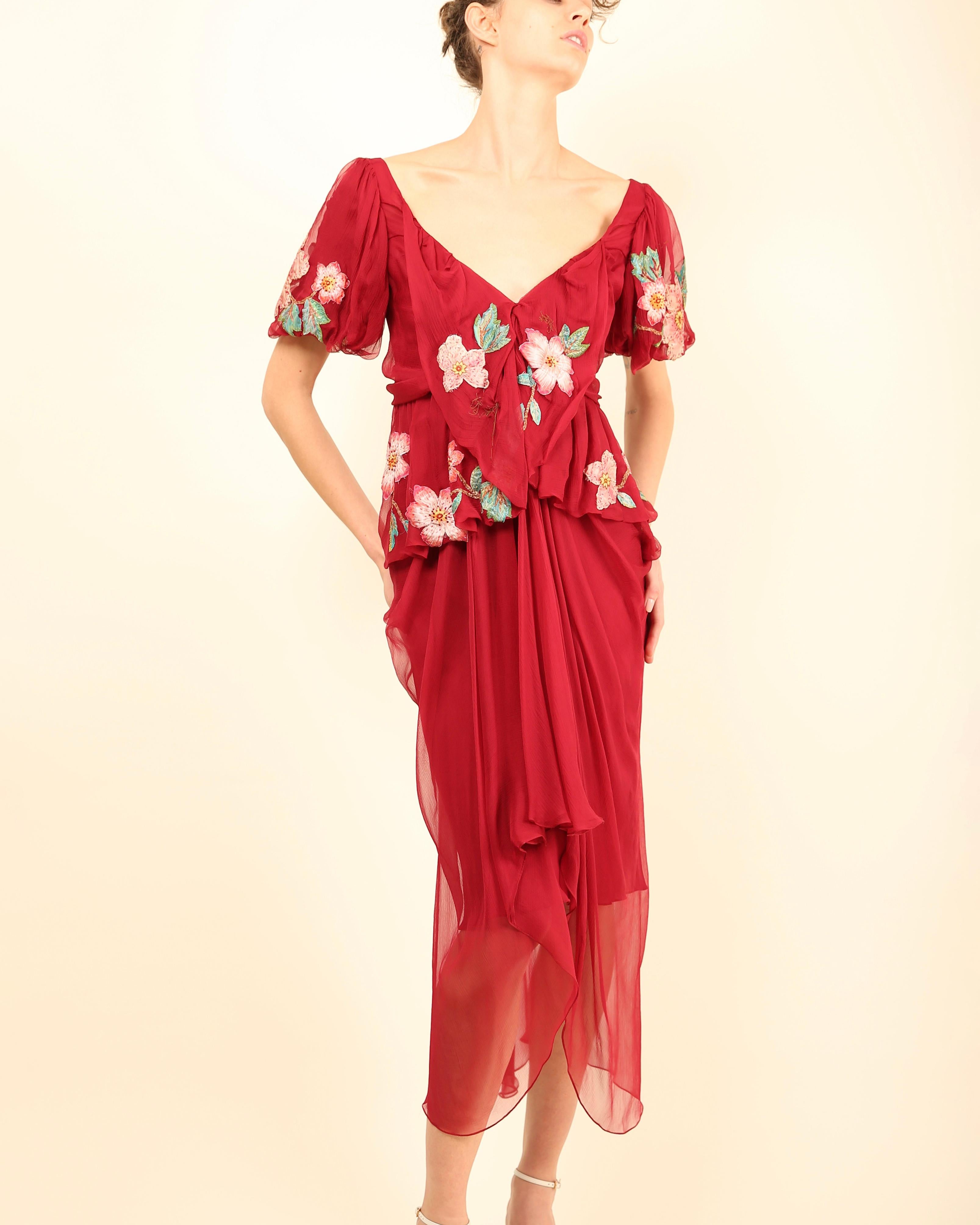 John Galliano fall 07 Burgundy silk sheer floral embroidered layered midi dress For Sale 1