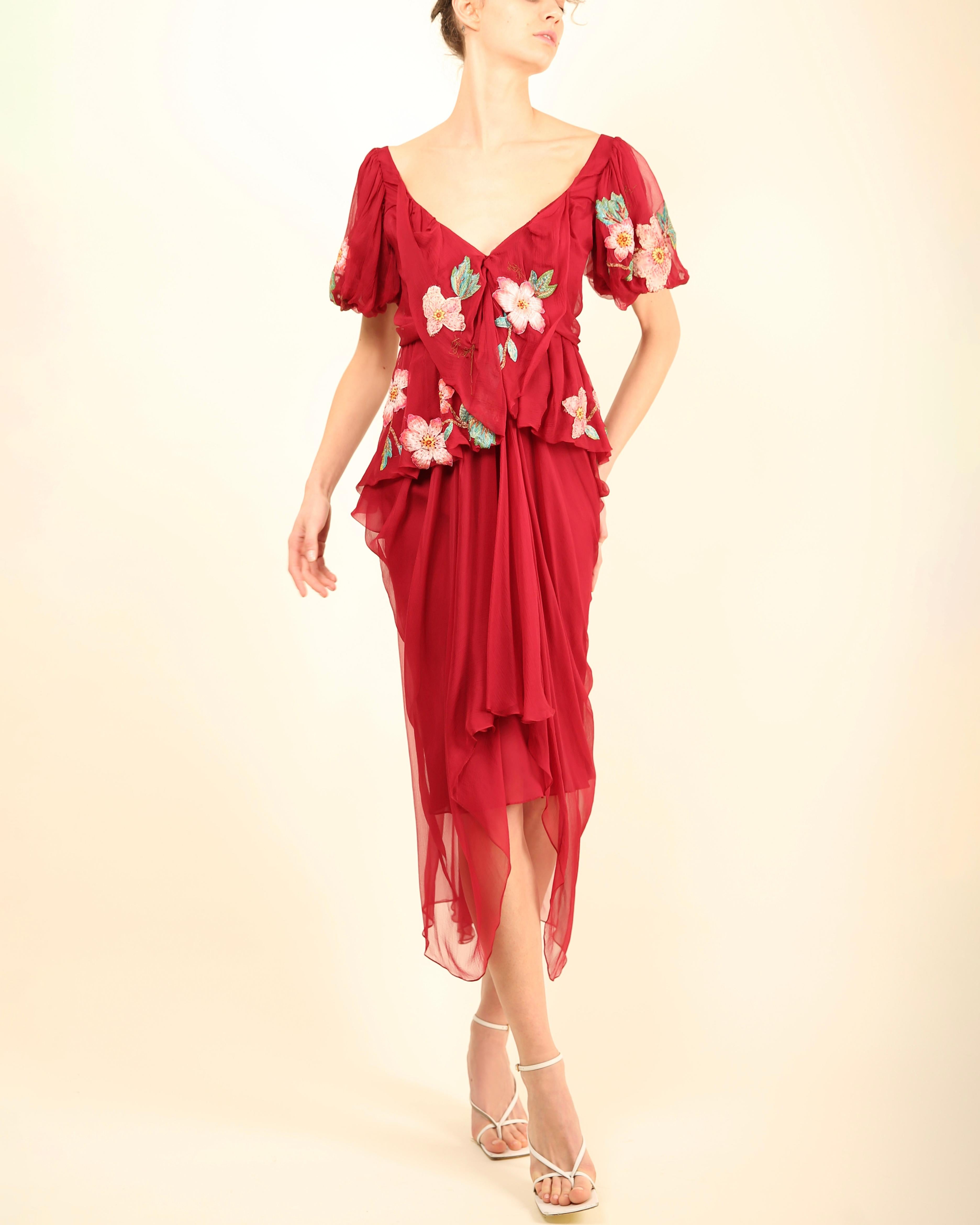 John Galliano fall 07 Burgundy silk sheer floral embroidered layered midi dress For Sale 2