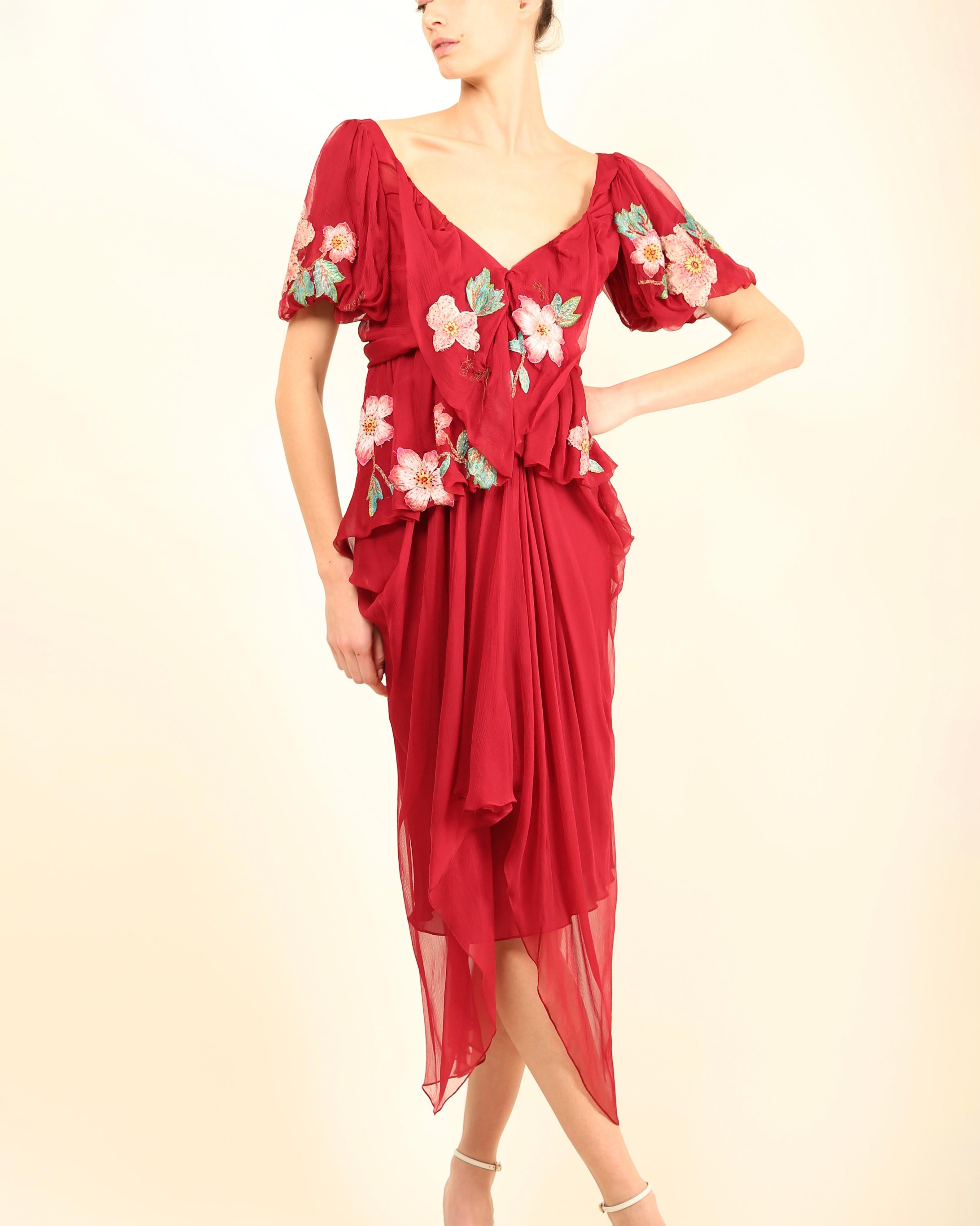 John Galliano fall 07 Burgundy silk sheer floral embroidered layered midi dress For Sale 3