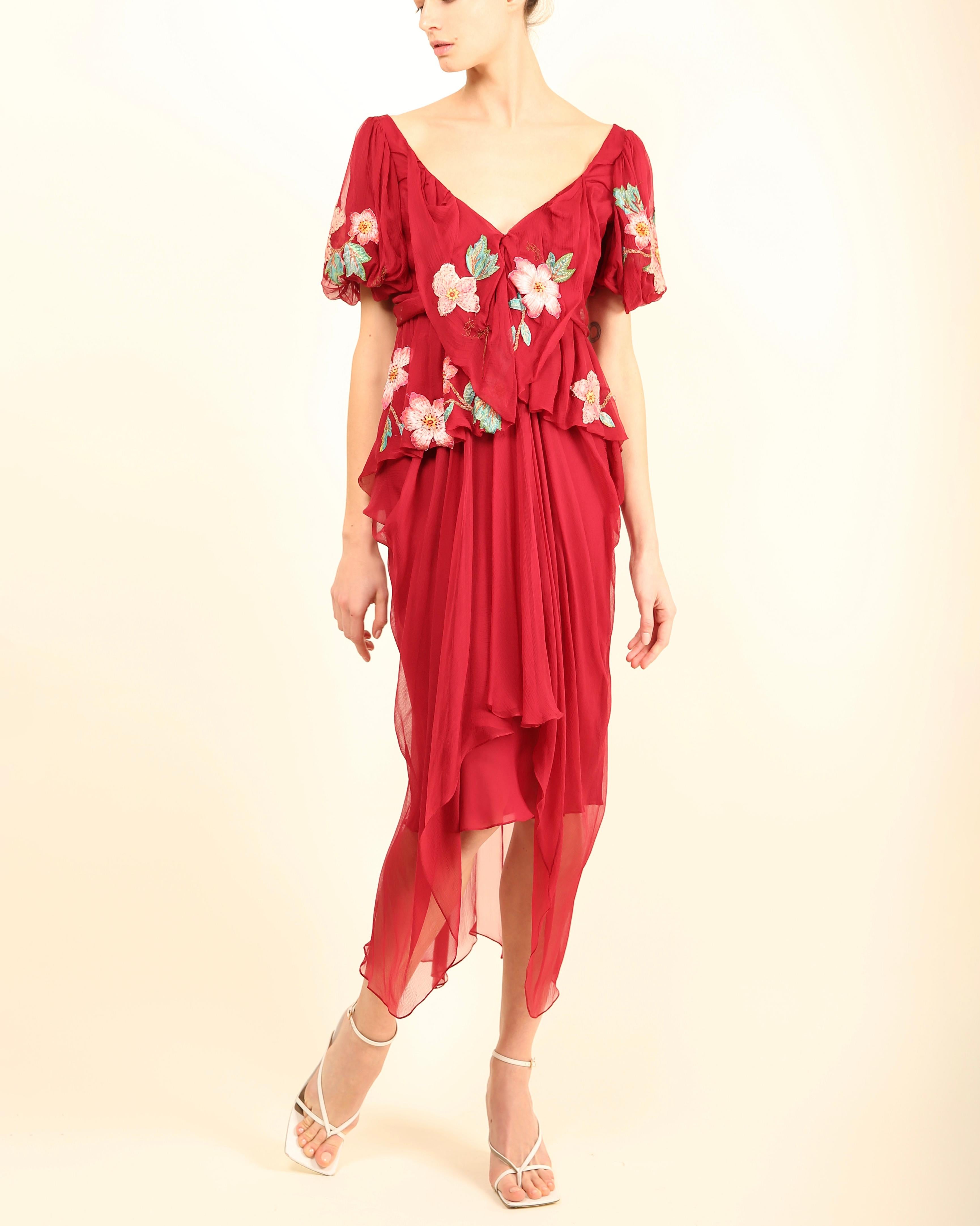 John Galliano fall 07 Burgundy silk sheer floral embroidered layered midi dress For Sale 4