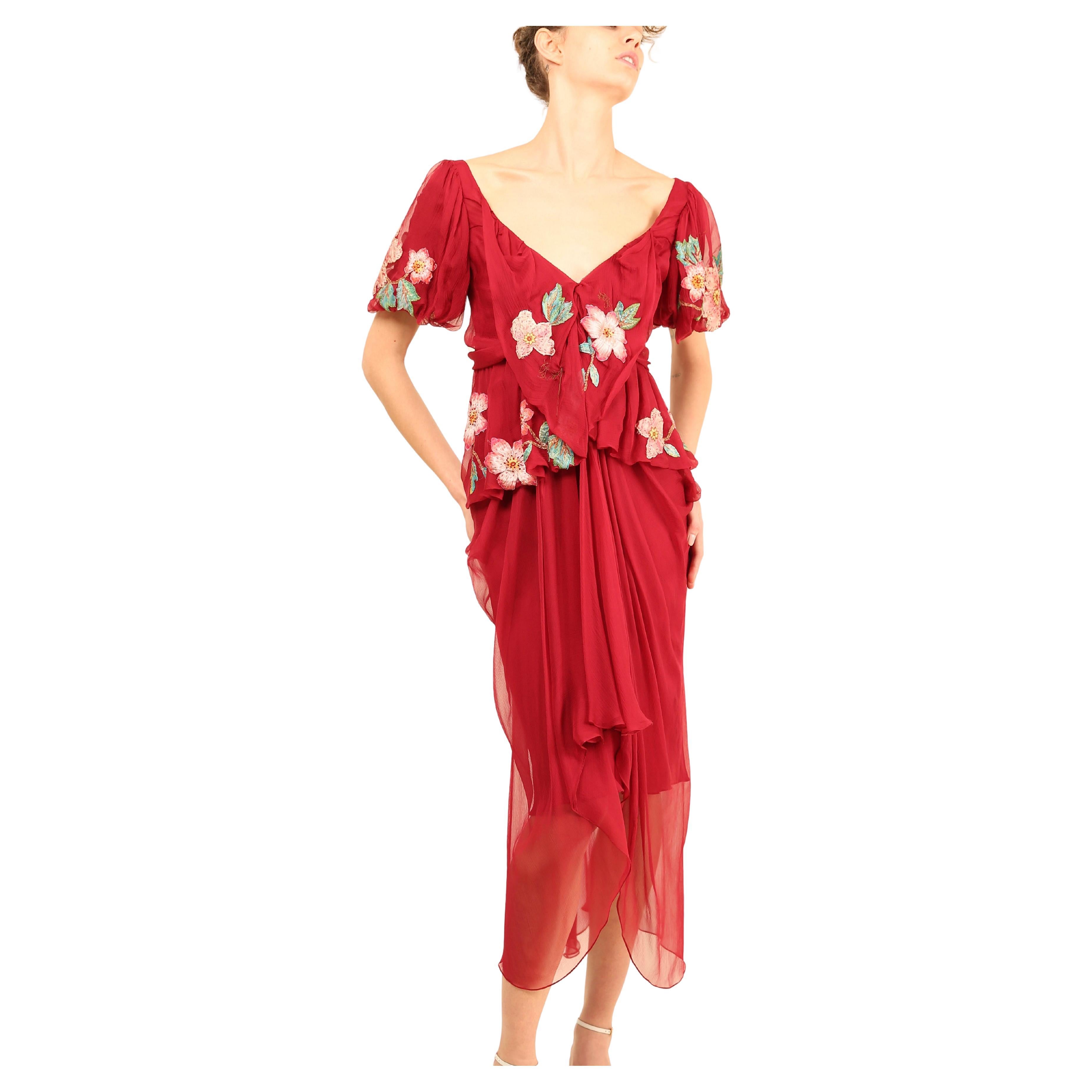 John Galliano fall 07 Burgundy silk sheer floral embroidered layered midi dress For Sale
