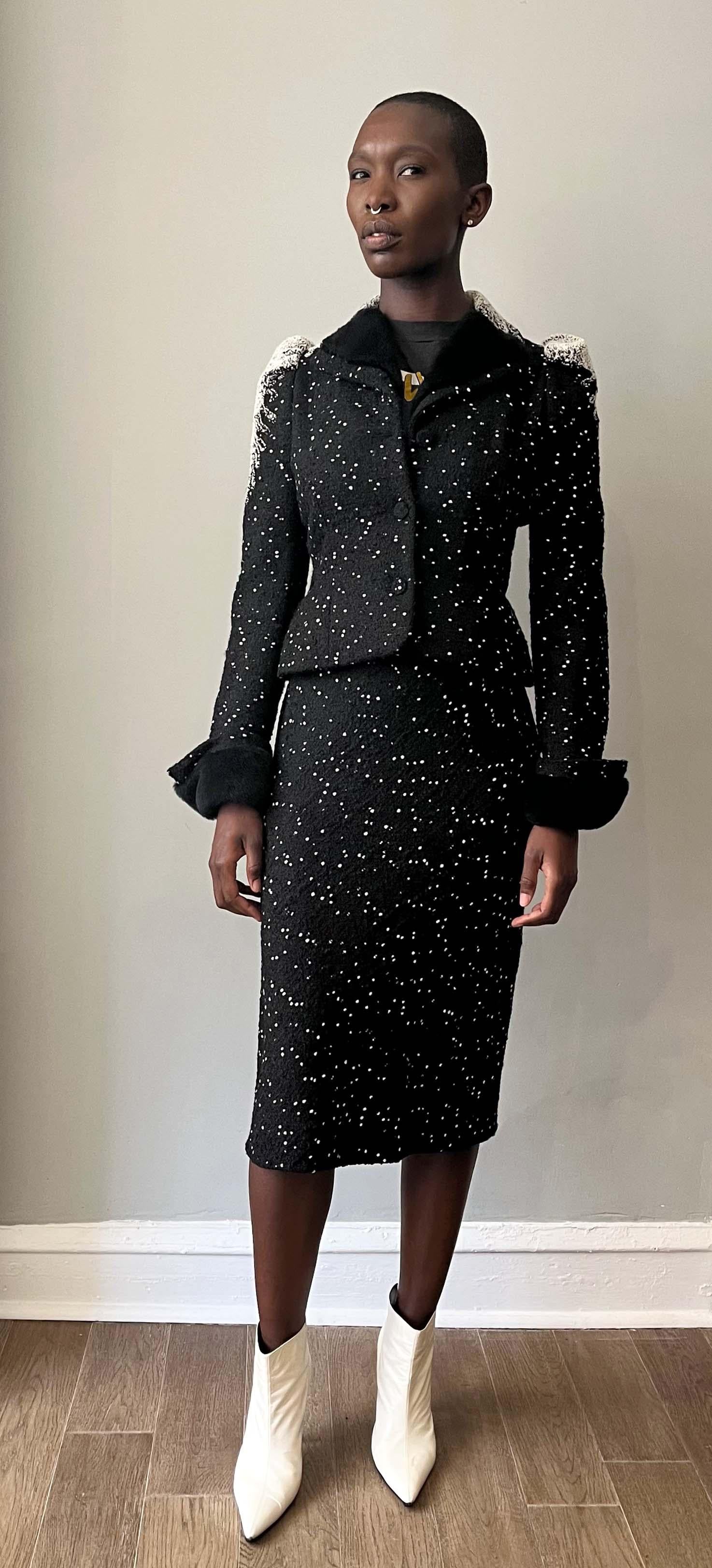 John Galliano Fall 1996 black & white wool blend skirt suit In Excellent Condition In Philadelphia, PA