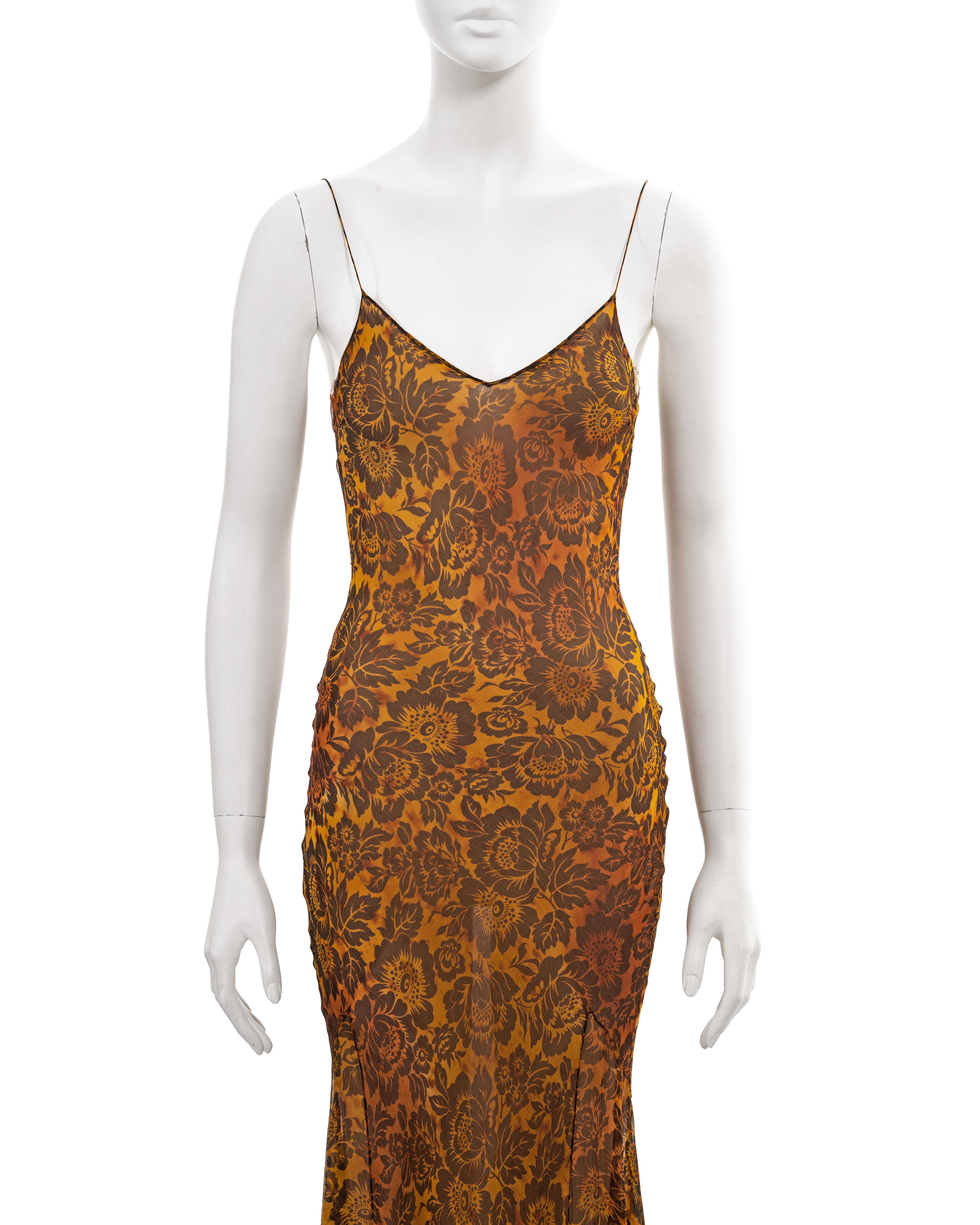 John Galliano floral burnt orange bias-cut silk evening dress, ss 1999 In Excellent Condition For Sale In London, GB