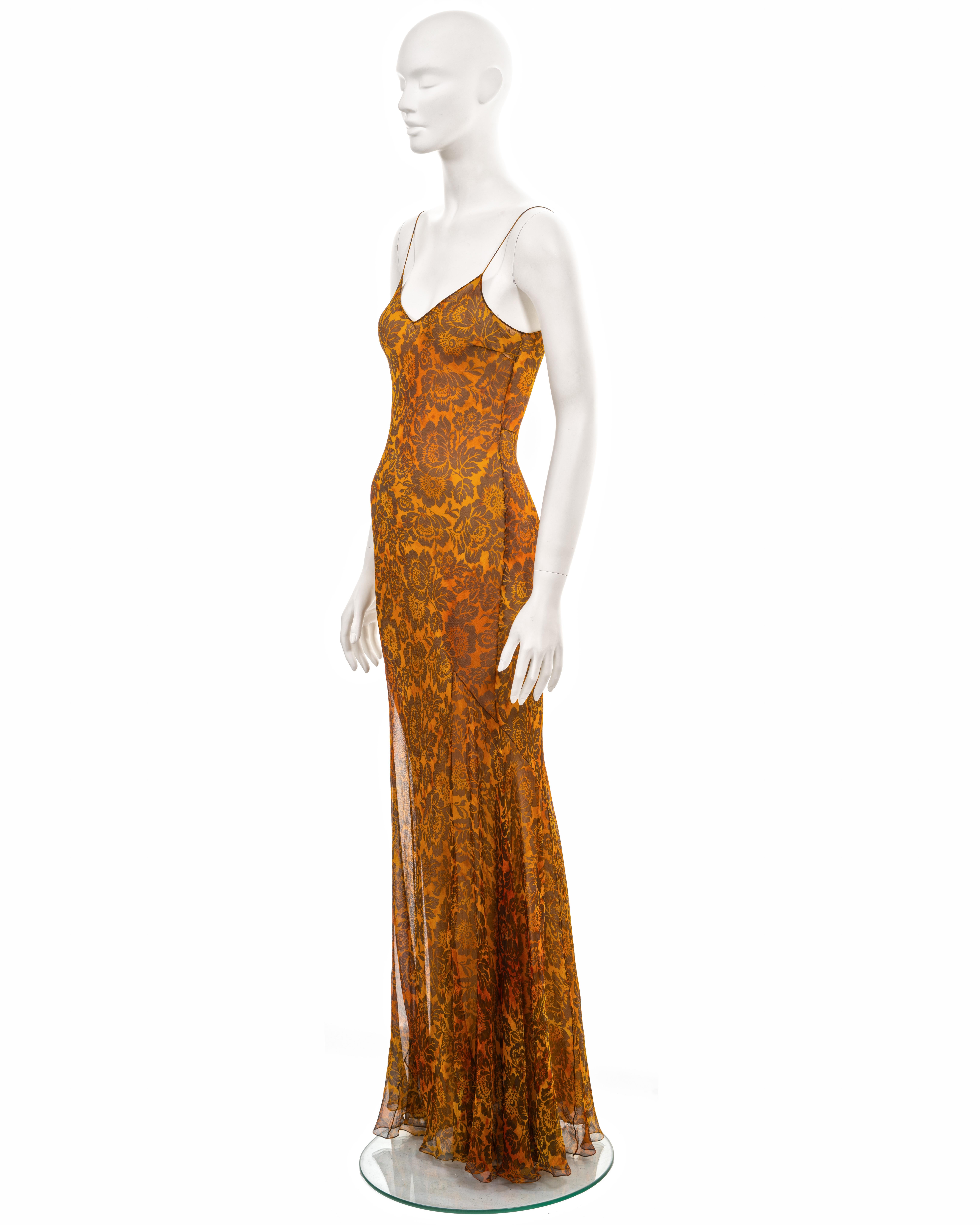 Women's John Galliano floral burnt orange bias-cut silk evening dress, ss 1999 For Sale