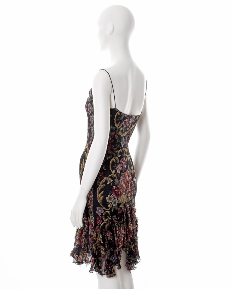 Beautiful 2000s Valentino Roma Black Bias Cut Silk Chiffon Dress w Front & Back Plunge & Silver Sequin Bow