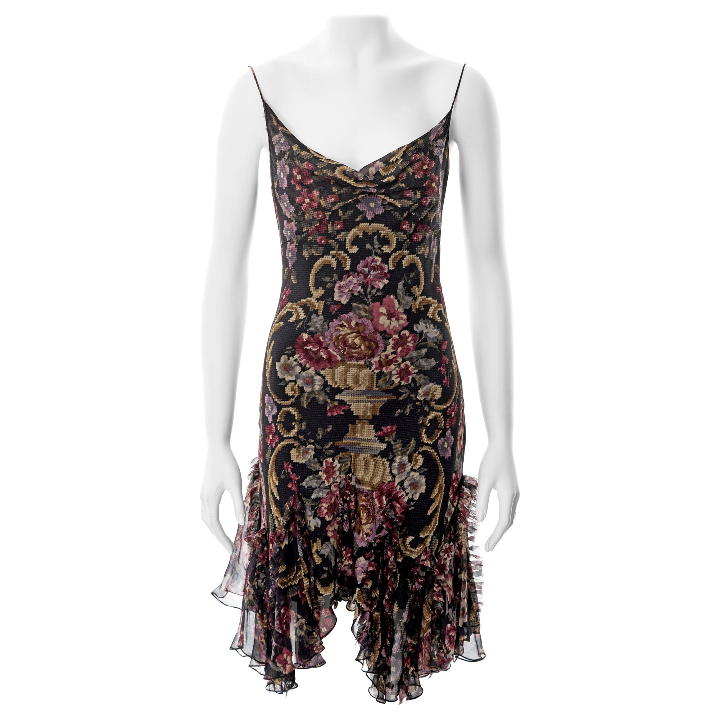 John Galliano Schrägschnittkleid aus Seidenchiffon mit Blumendruck, fw 2004 im Angebot