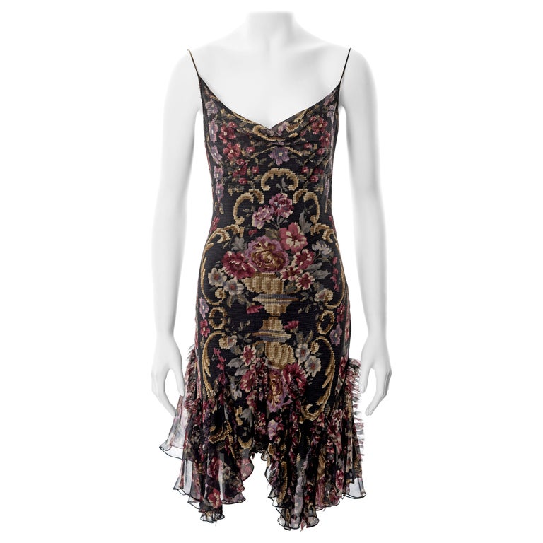 John Galliano Floral Print Bias-cut Silk Chiffon Dress, Fw 2004