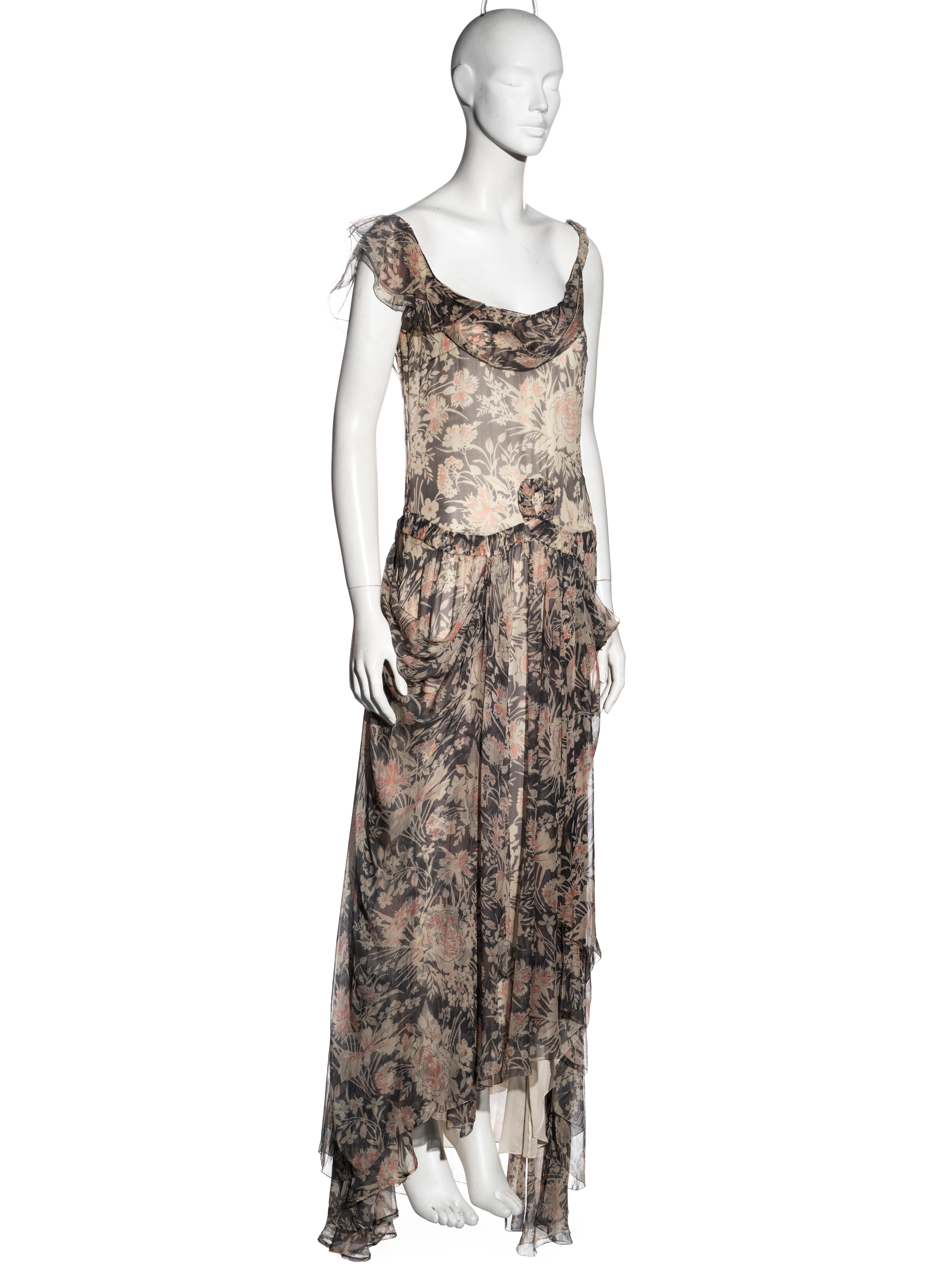 Gray John Galliano floral print silk chiffon drop-waist floor-length dress, fw 2008 For Sale