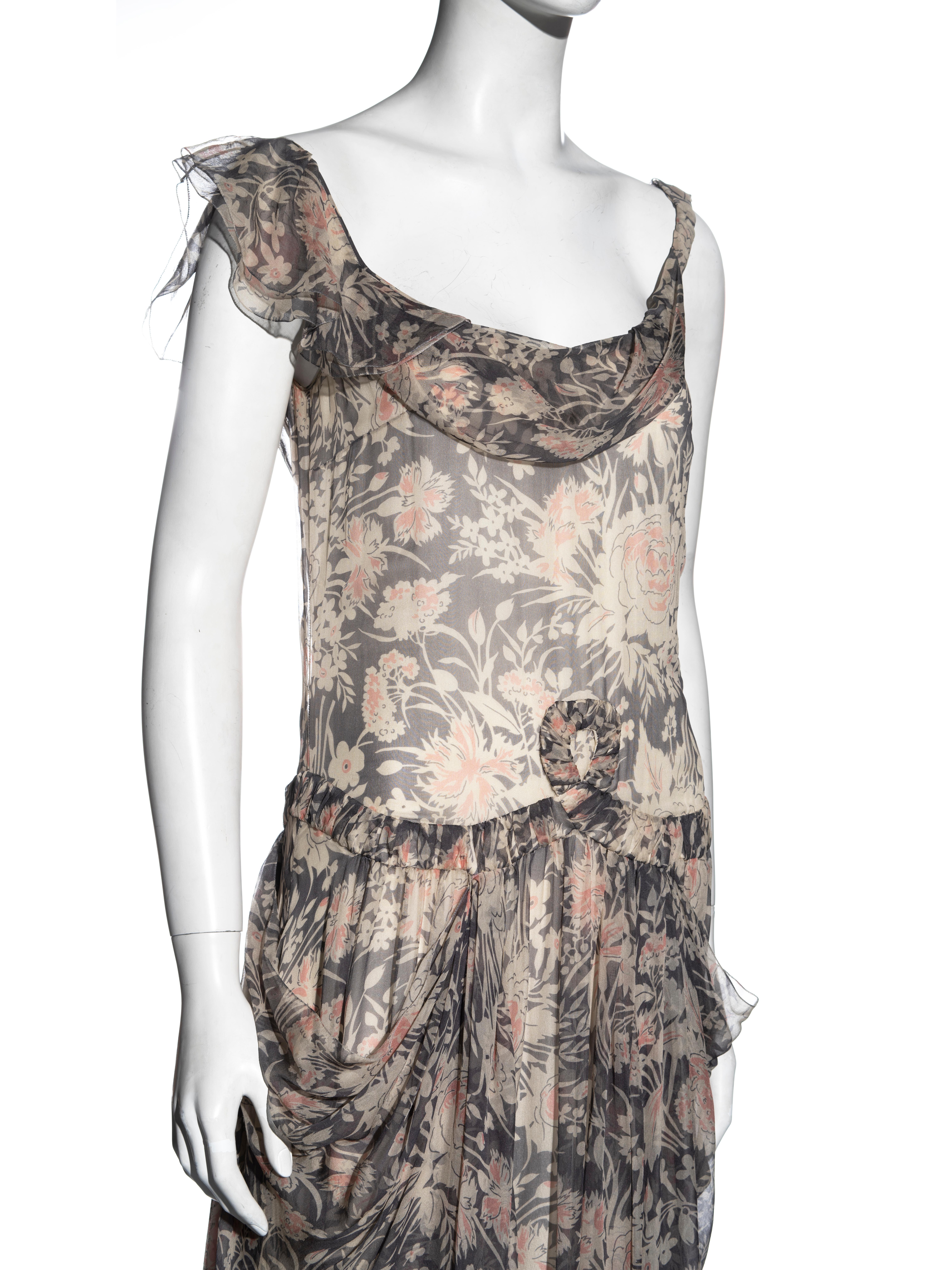 John Galliano floral print silk chiffon drop-waist floor-length dress, fw 2008 In Excellent Condition For Sale In London, GB