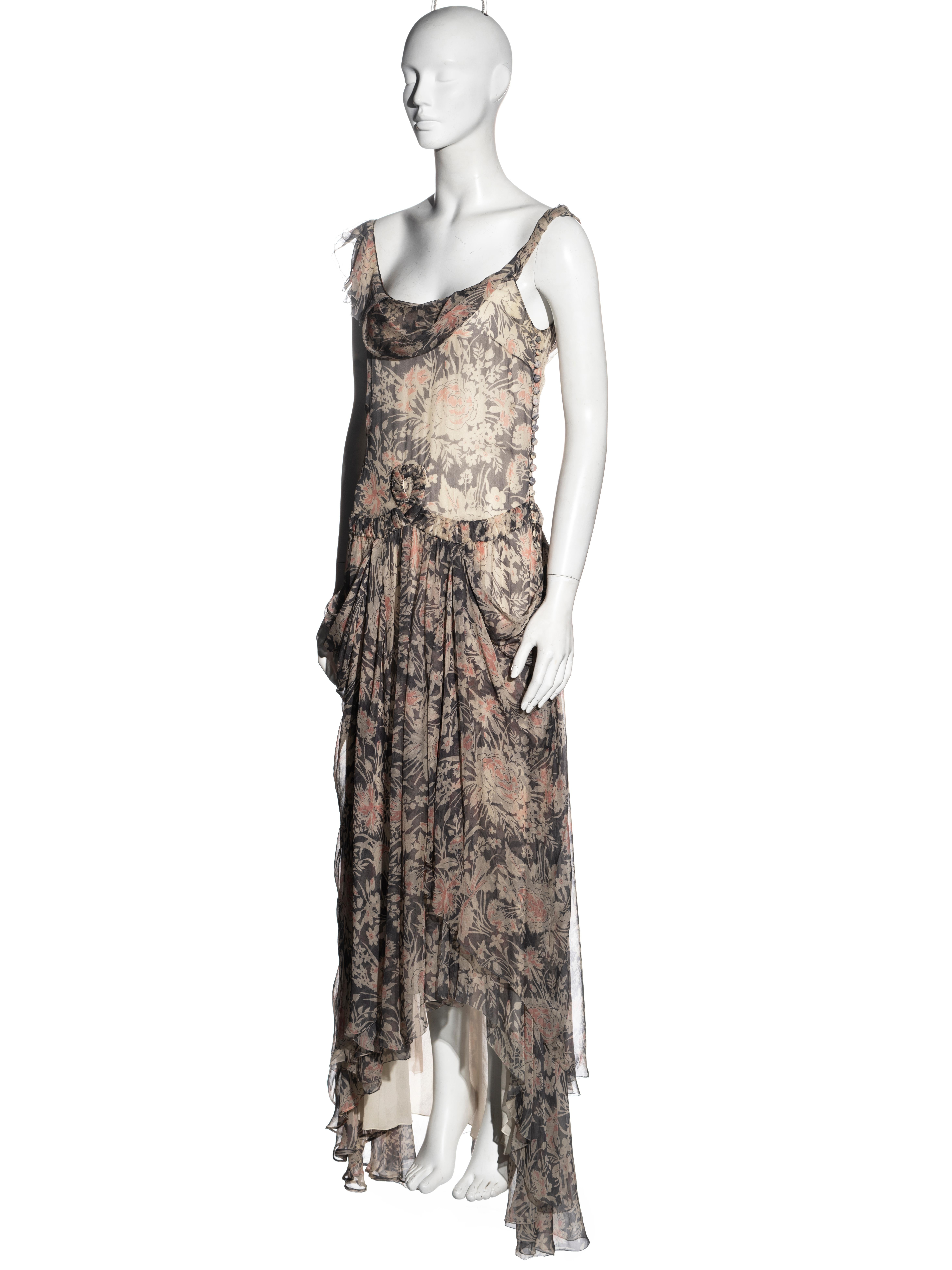 Women's John Galliano floral print silk chiffon drop-waist floor-length dress, fw 2008 For Sale