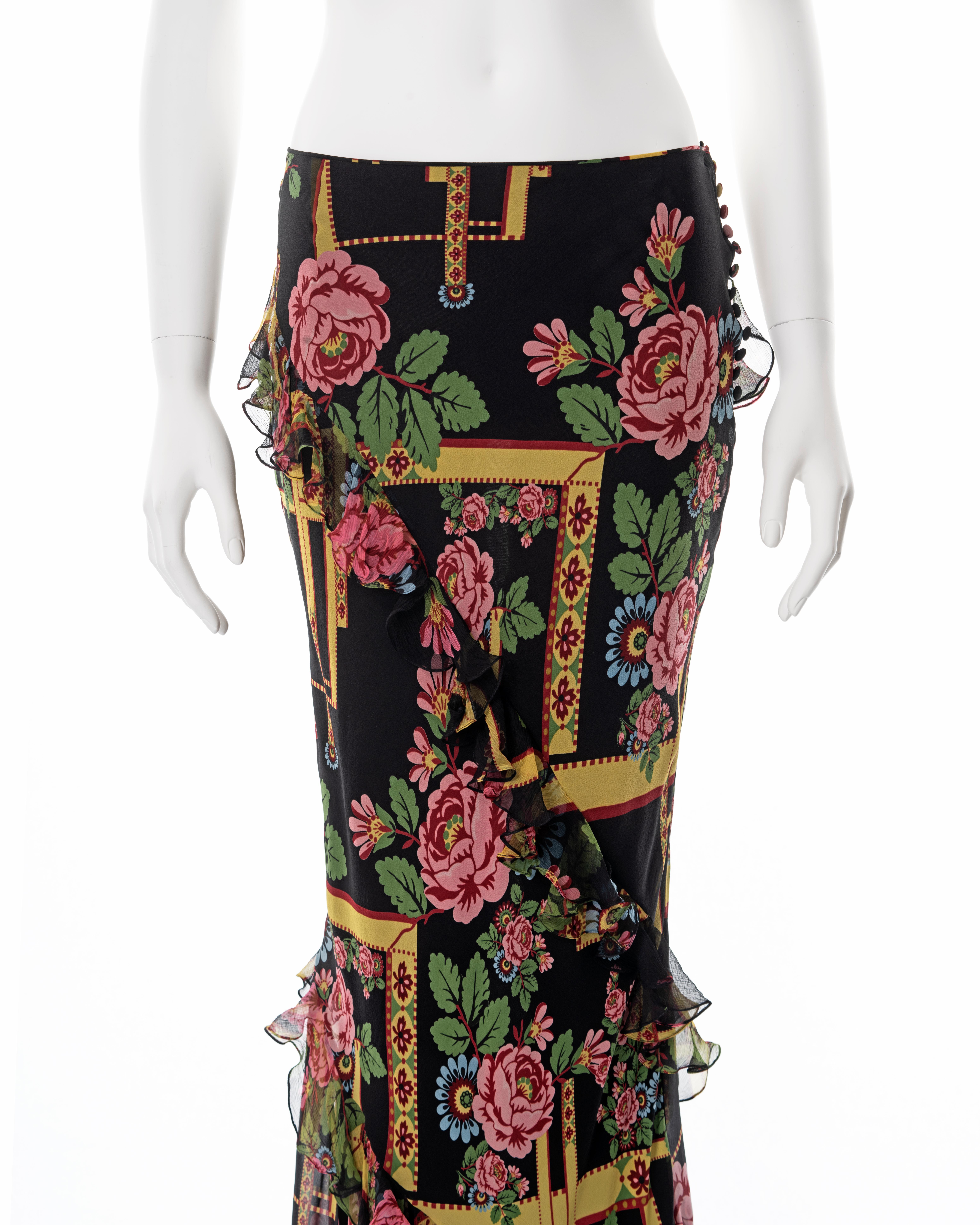 John Galliano floral printed bias-cut silk maxi skirt, fw 2004 In Excellent Condition For Sale In London, GB