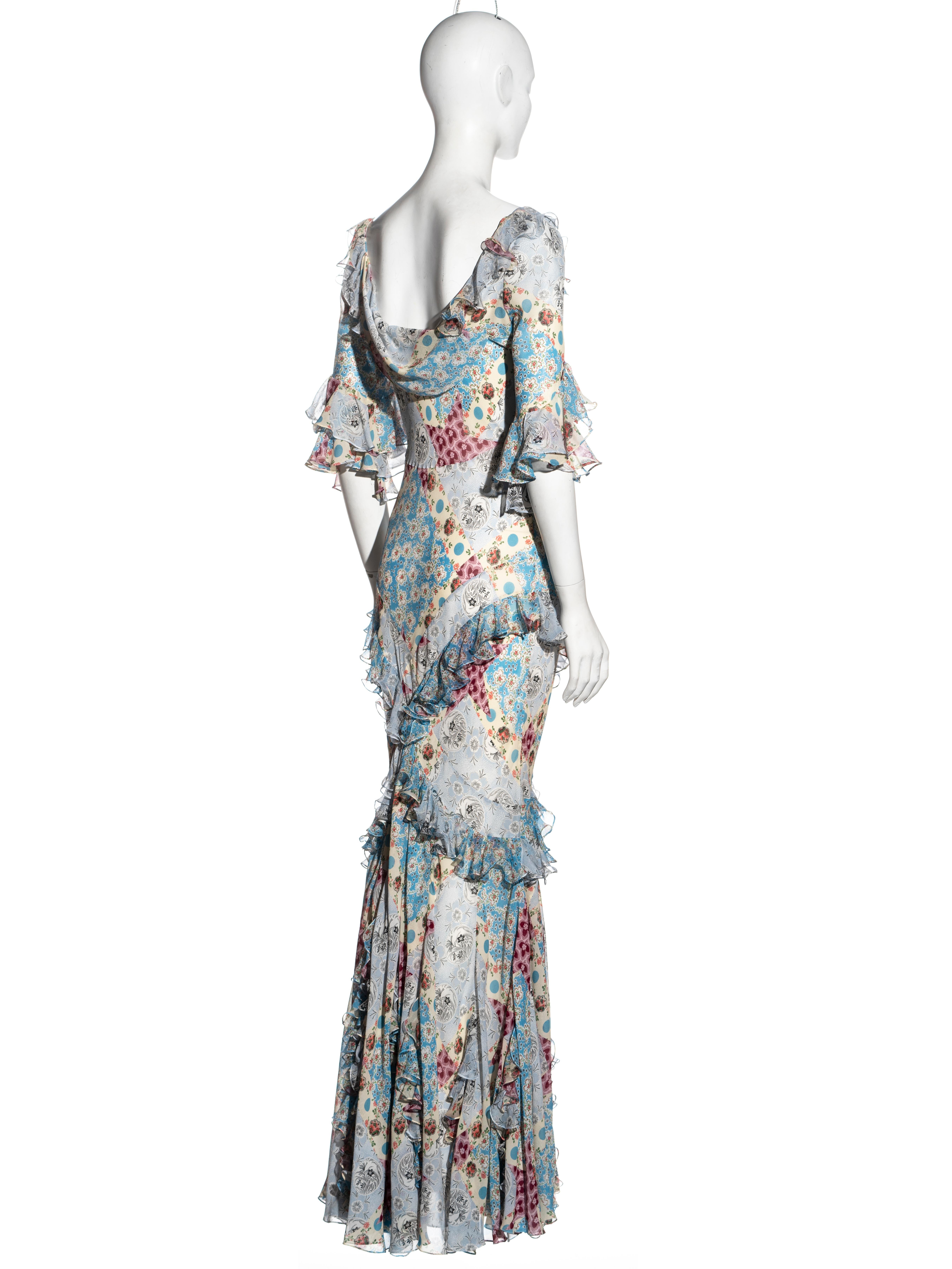 John Galliano floral printed silk chiffon bias cut evening dress, fw 2002 4