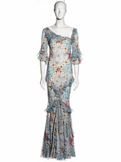 John Galliano floral printed silk chiffon bias cut evening dress, fw 2002