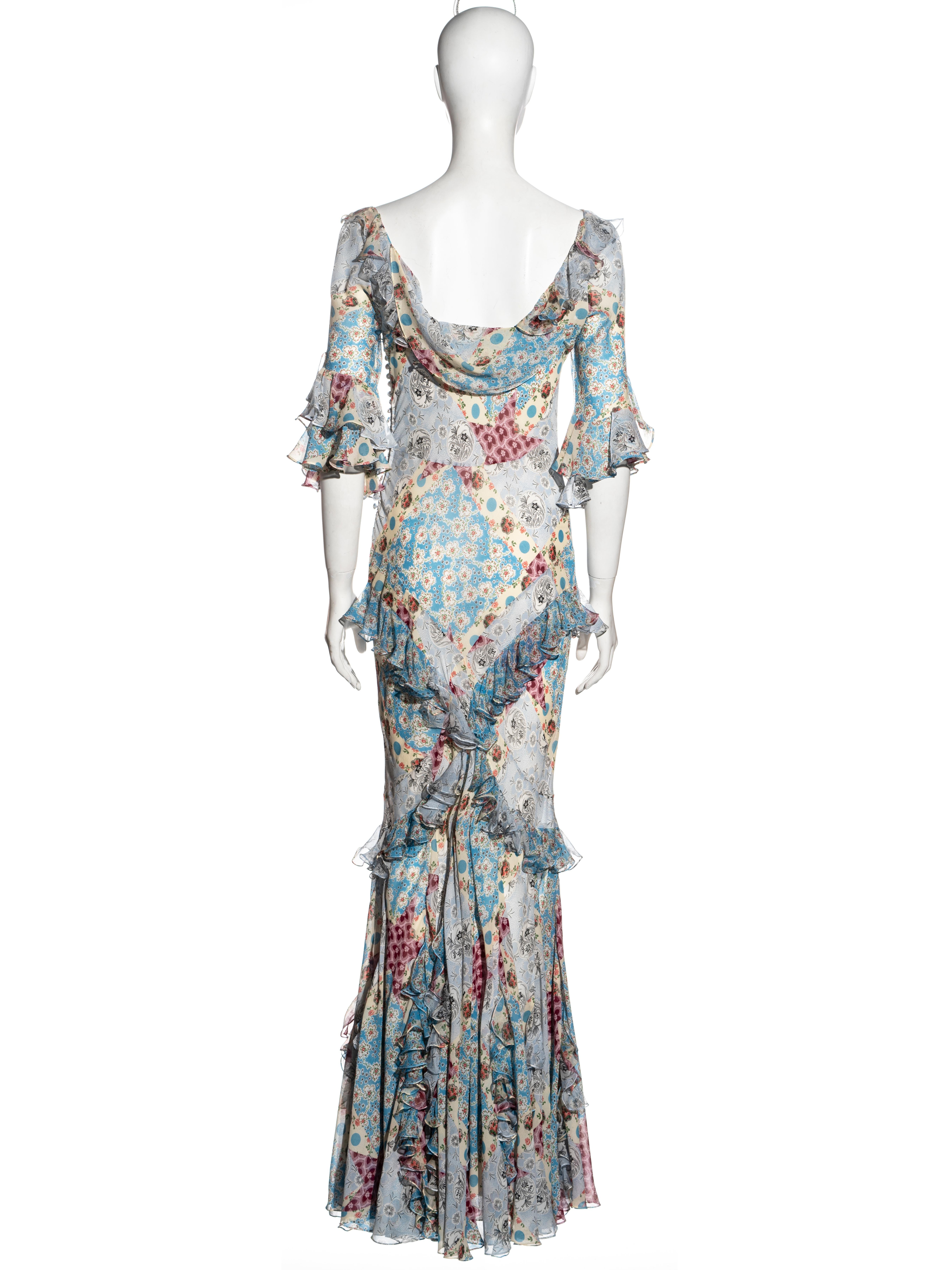 John Galliano floral printed silk chiffon bias cut evening dress, fw 2002 3
