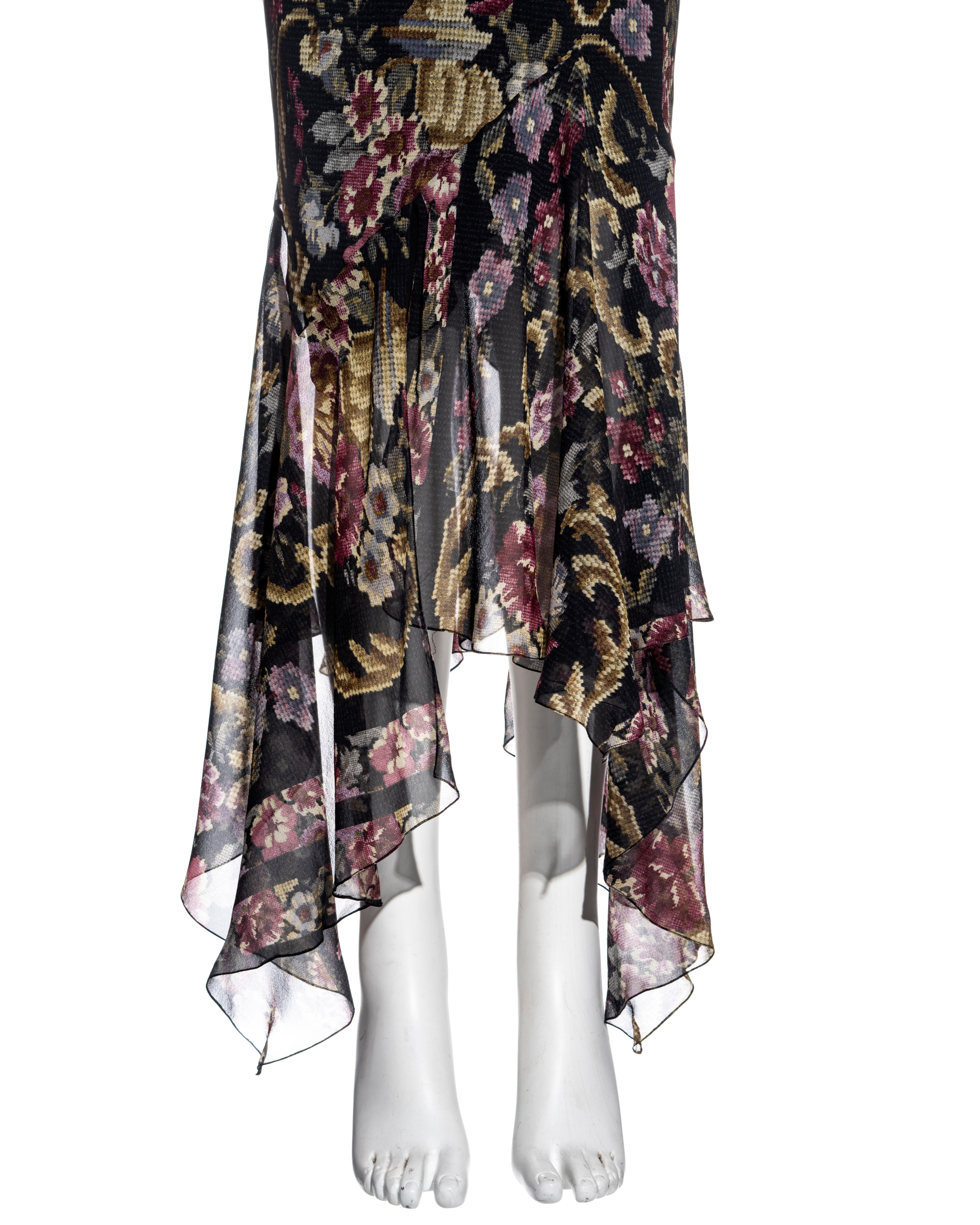 Black John Galliano floral silk chiffon bias-cut handkerchief hem skirt, fw 2004
