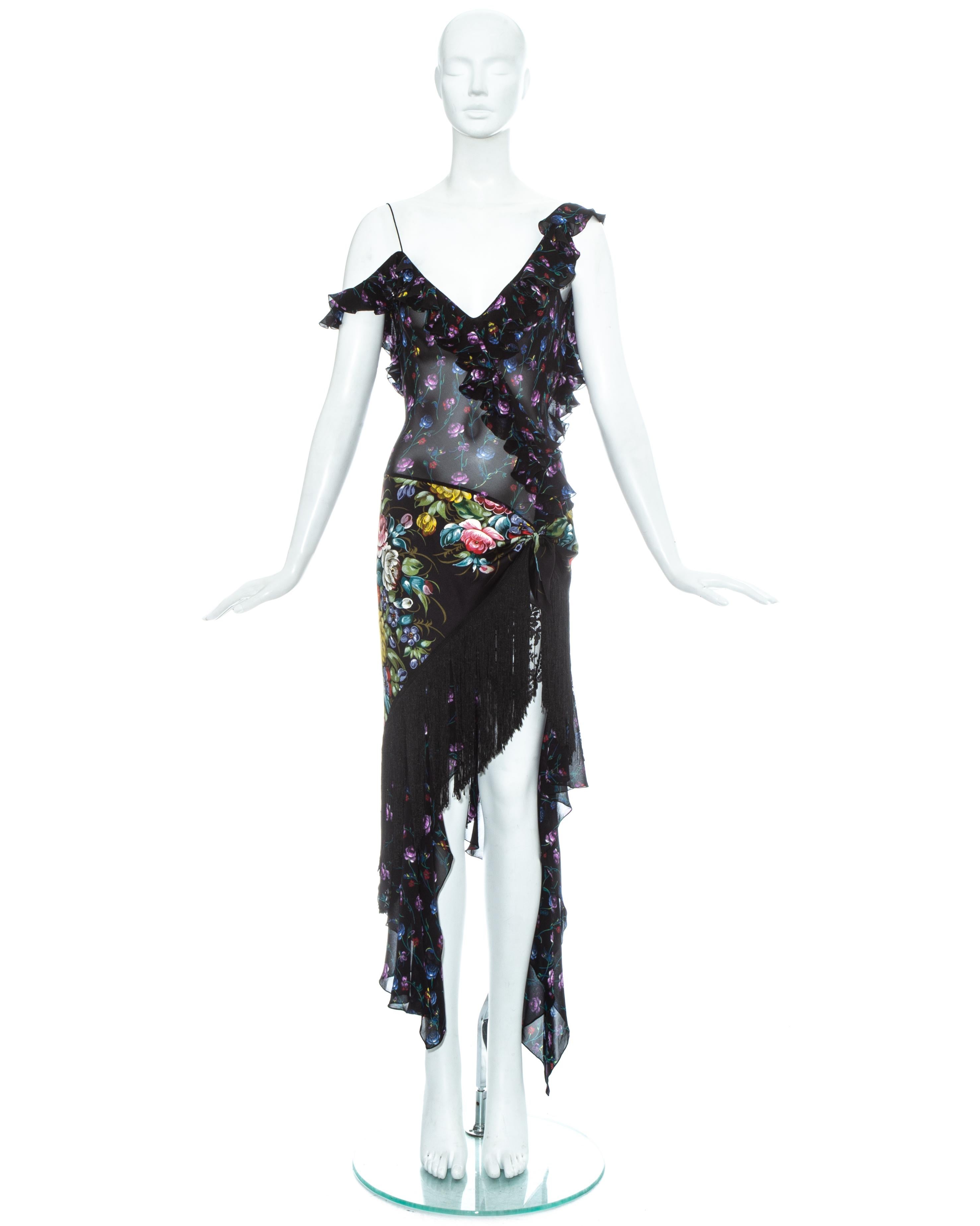 John Galliano 'Russian-Tray' evening dress

- Floral printed silk chiffon 
- Flounced crossover and edging 
- Fringed scarf panel on hips with Zhostovo painting style screen print
- Low back 
- Lingerie style lace underskirt 

 Spring-Summer 1997,