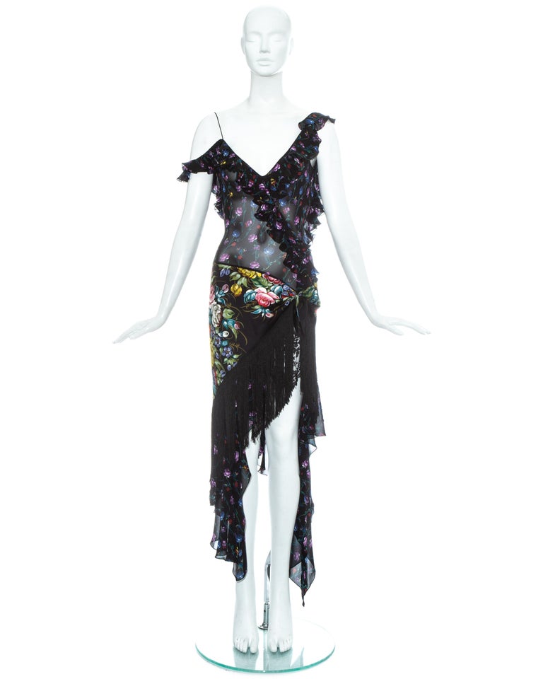John Galliano floral silk chiffon fringed 'Russian-Tray' dress, ss 1997 For  Sale at 1stDibs | tray dress