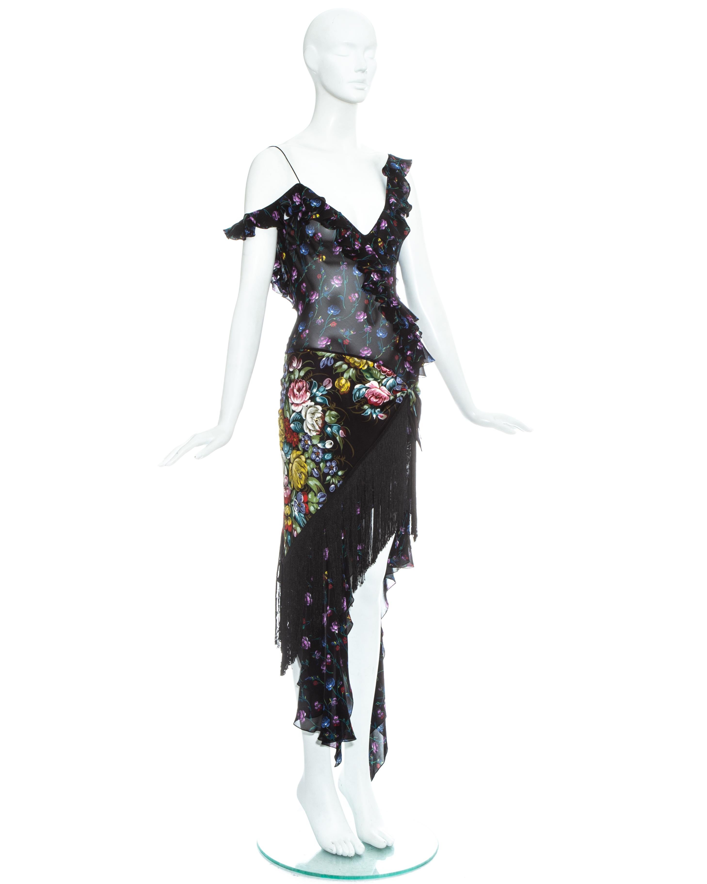 Black John Galliano floral silk chiffon fringed 'Russian-Tray' dress, ss 1997 For Sale