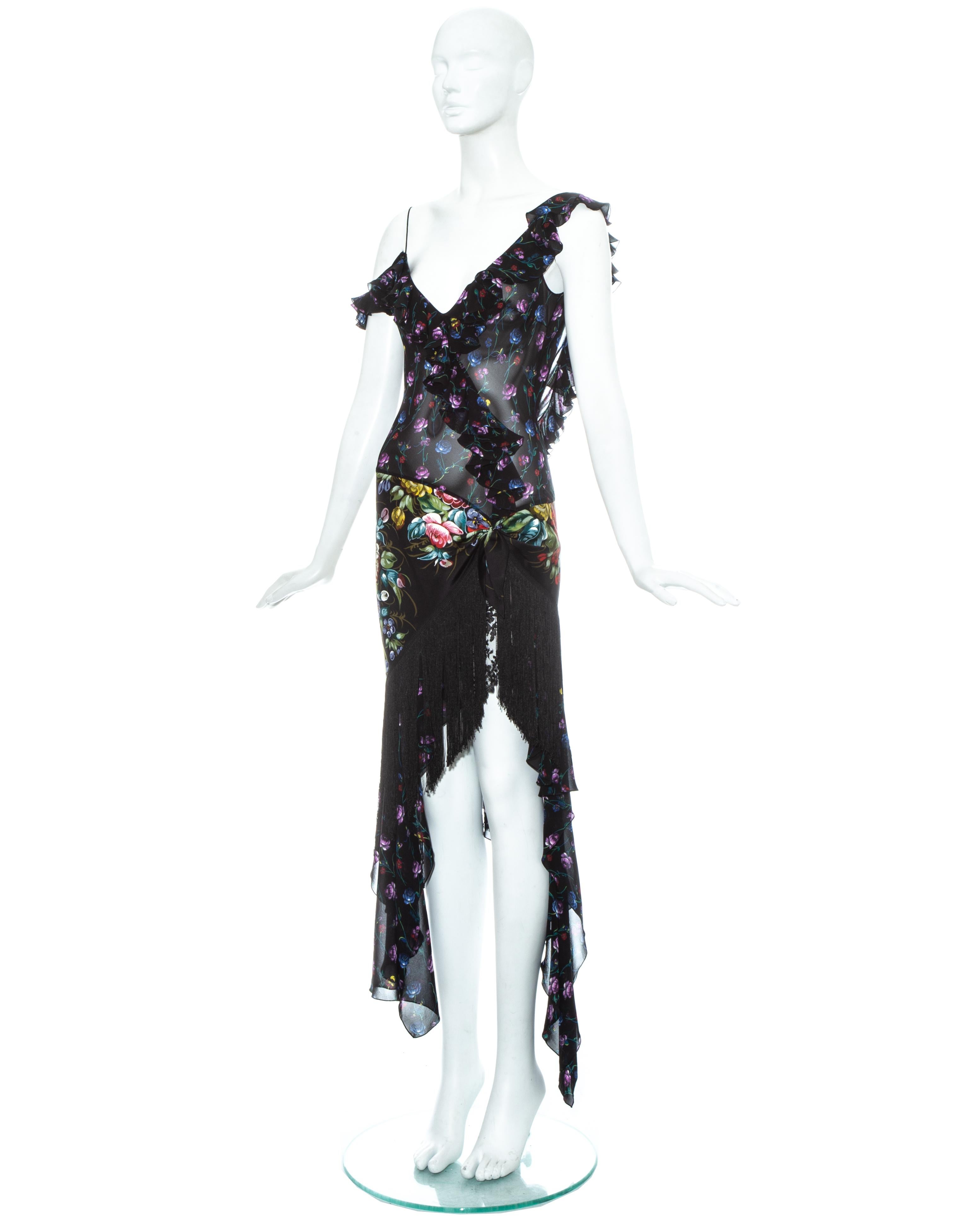 John Galliano floral silk chiffon fringed 'Russian-Tray' dress, ss 1997 In Excellent Condition For Sale In London, London