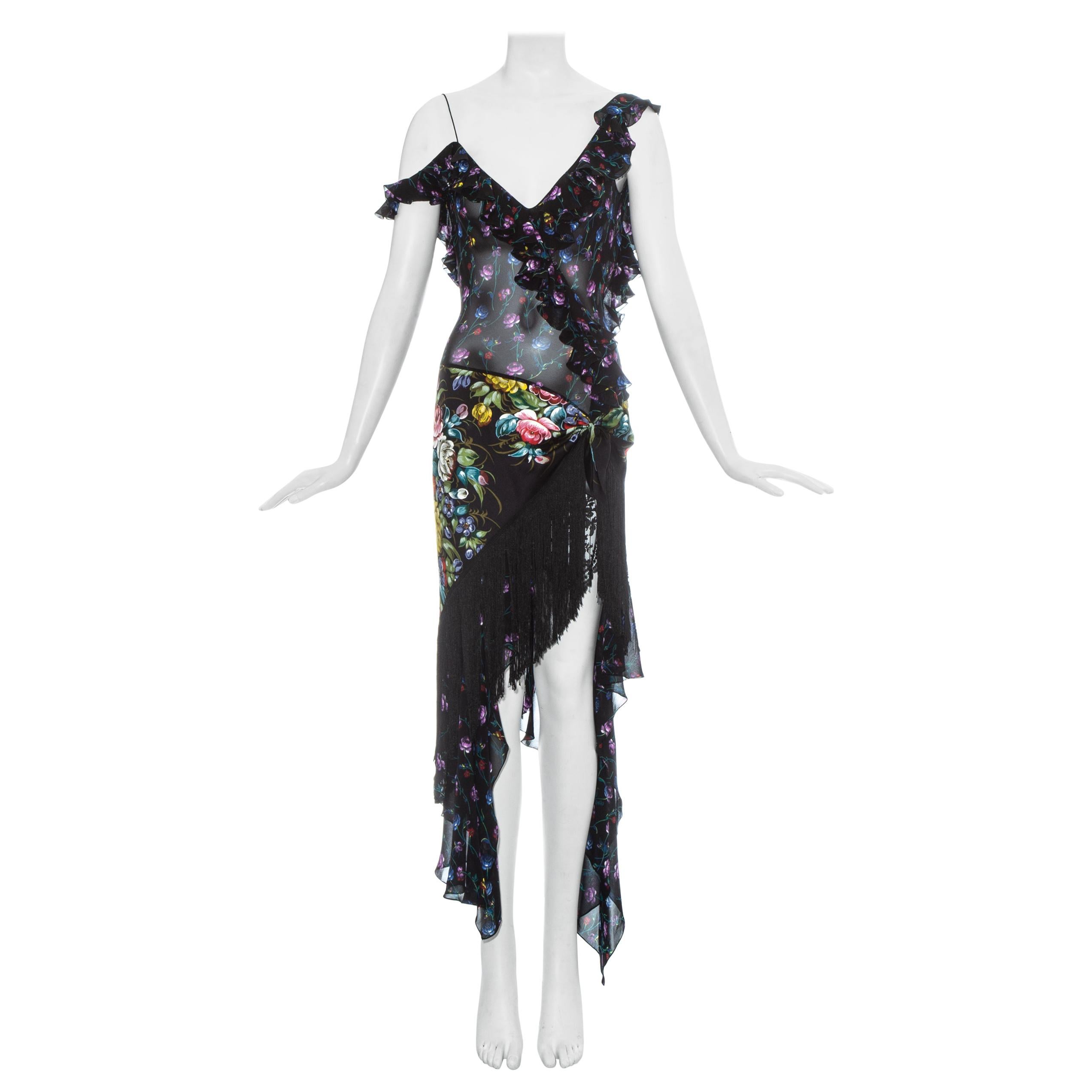 John Galliano floral silk chiffon fringed 'Russian-Tray' dress, ss 1997 For Sale