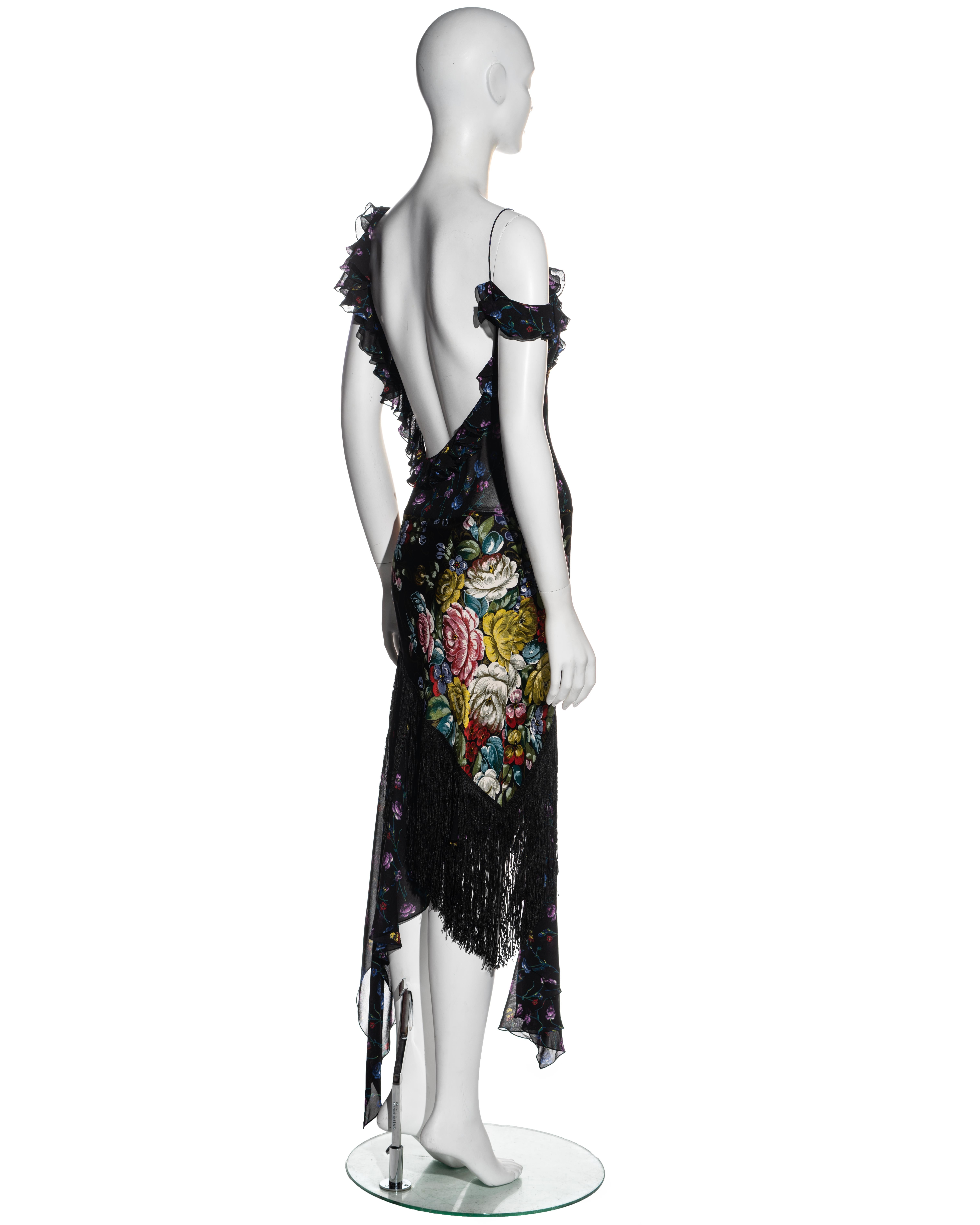 John Galliano floral silk low back evening dress with fringed skirt, ss 1997 In Excellent Condition In London, GB