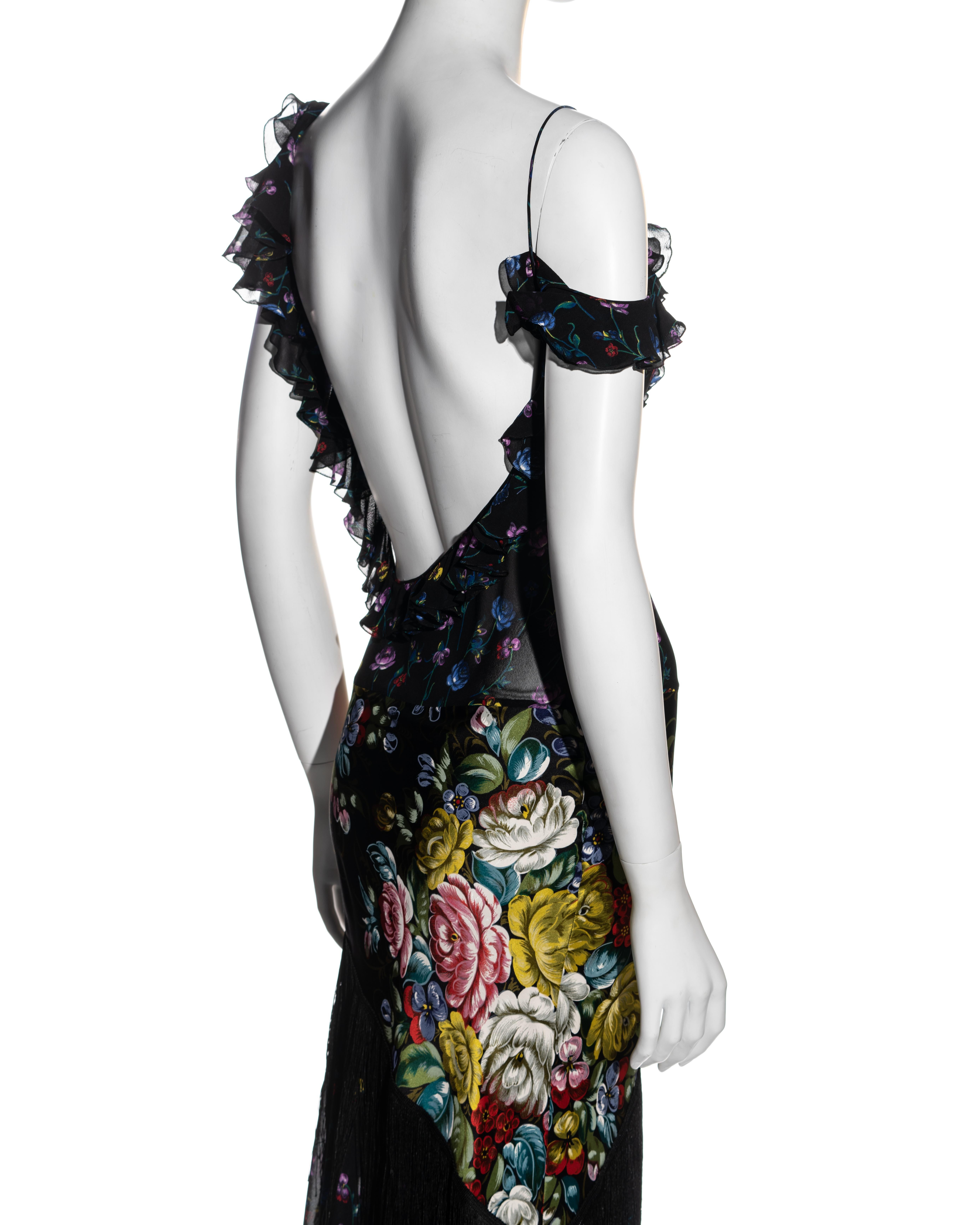 Women's John Galliano floral silk low back evening dress with fringed skirt, ss 1997