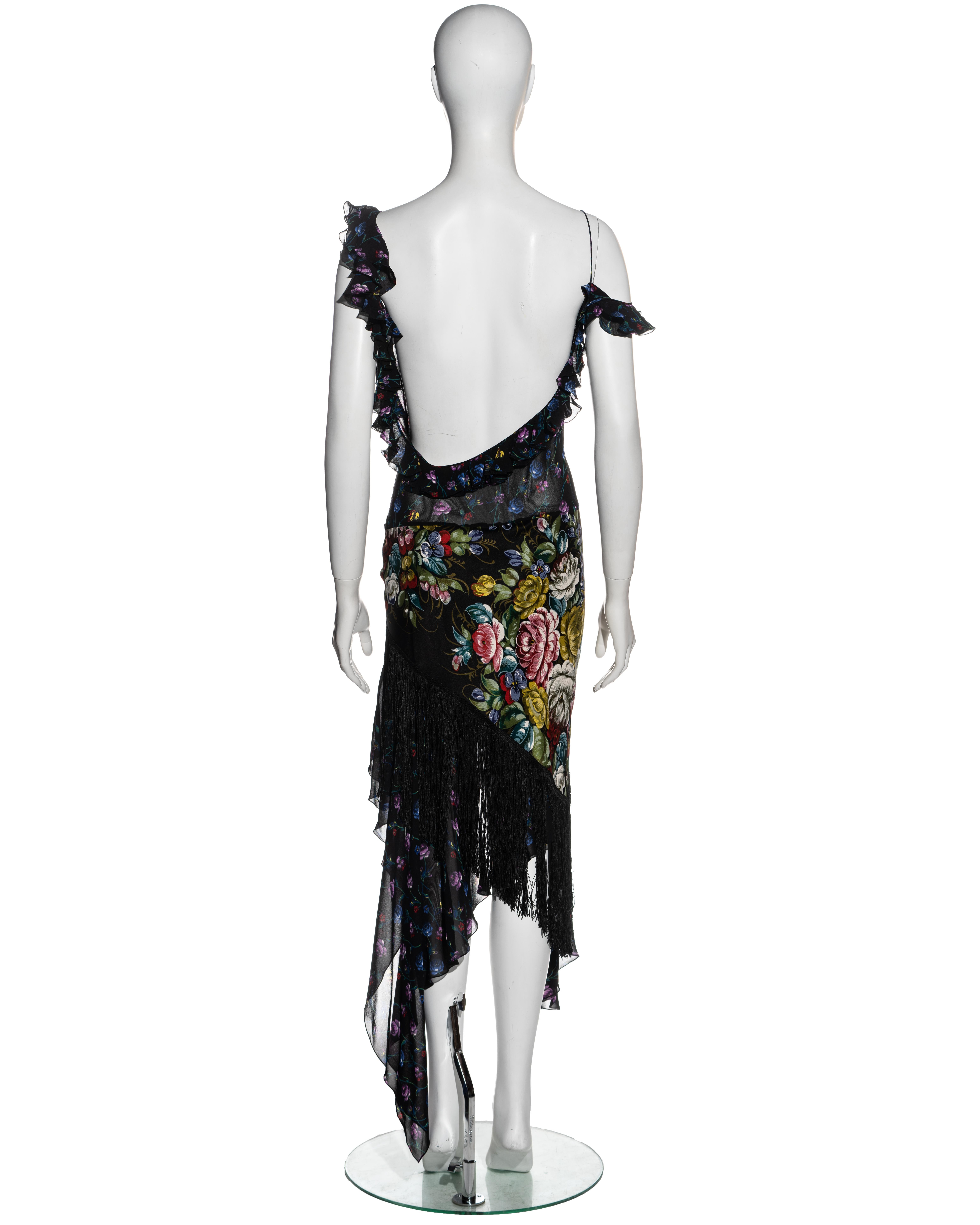 John Galliano floral silk low back evening dress with fringed skirt, ss 1997 2