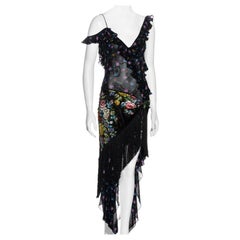 Vintage John Galliano floral silk low back evening dress with fringed skirt, ss 1997