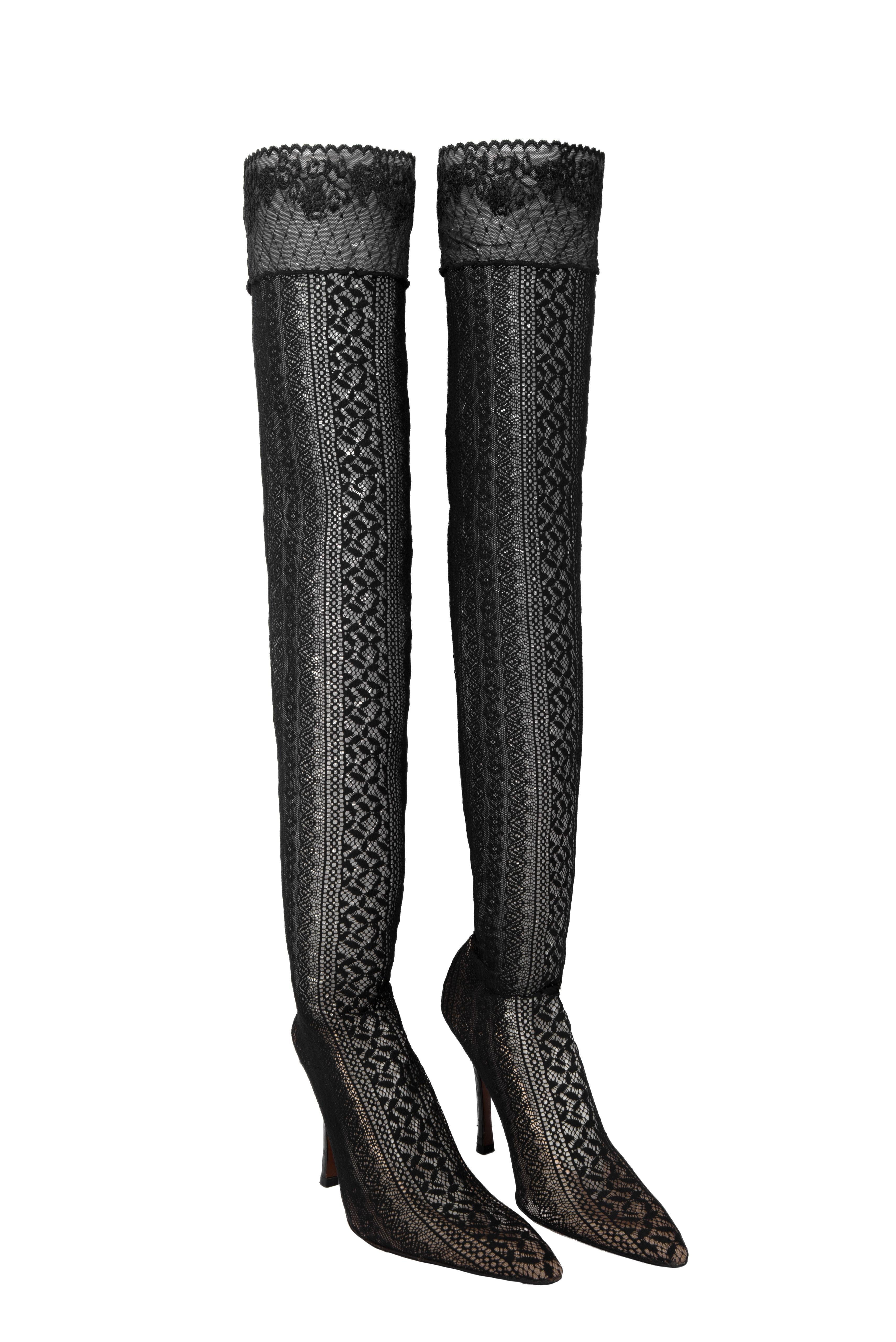 S/S 1998 John Galliano for CHRISTIAN DIOR Black Thigh-High Lace Stocking Boots In Excellent Condition In Munich, DE