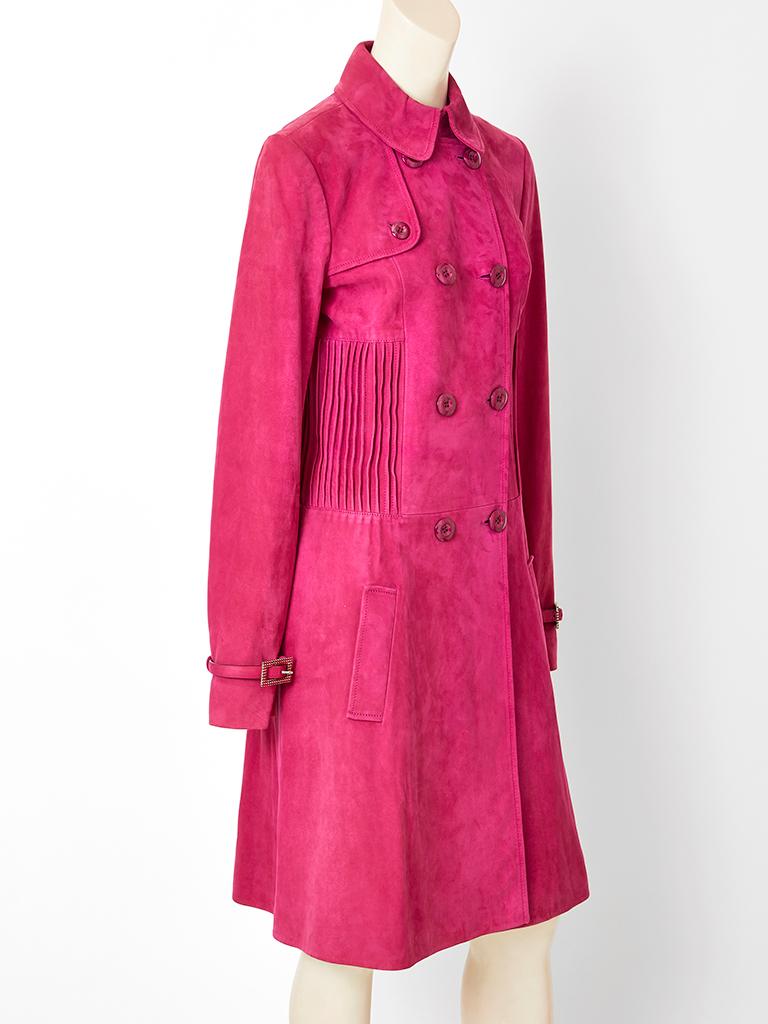 John Galliano for Dior, fuchsia double breasted, slim line, suede, coat, having a small pointed collar, and tiny stitched 
