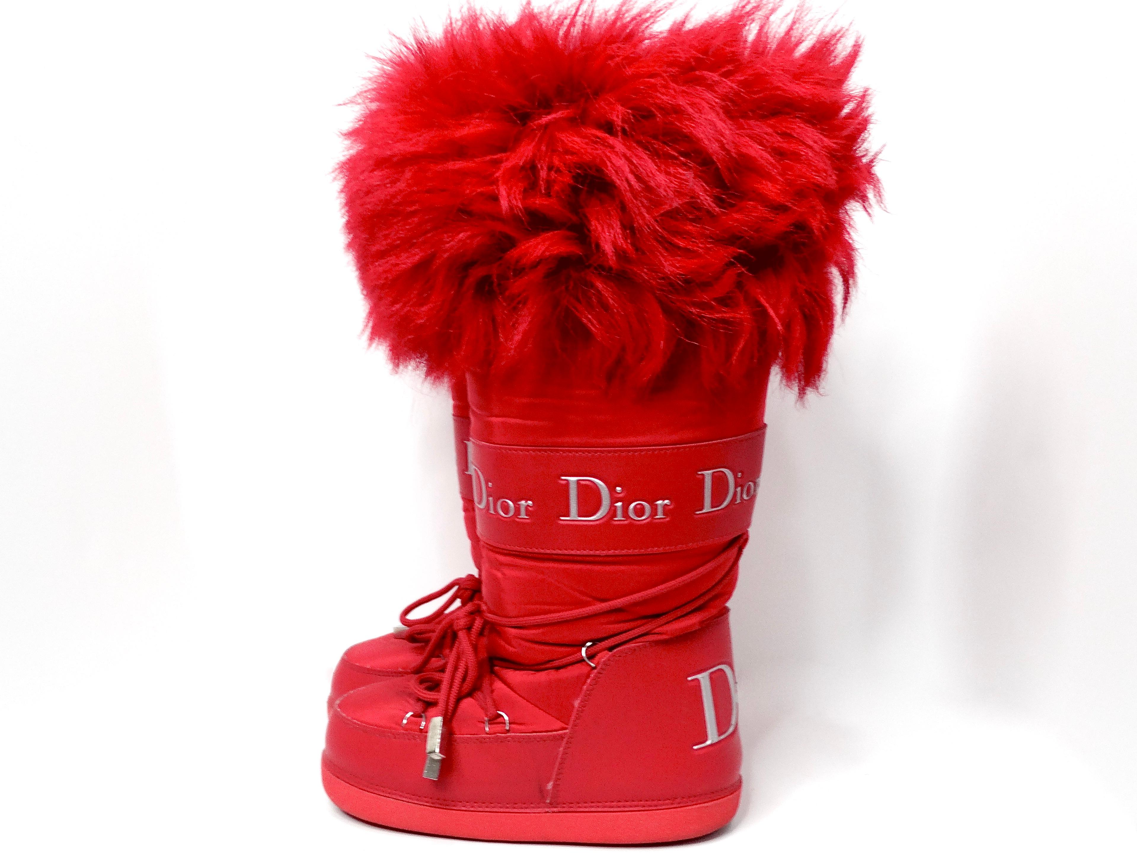 John Galliano for Christian Dior Red Lace-Up Faux Fur Snow Boots Circa Y2K For Sale 1