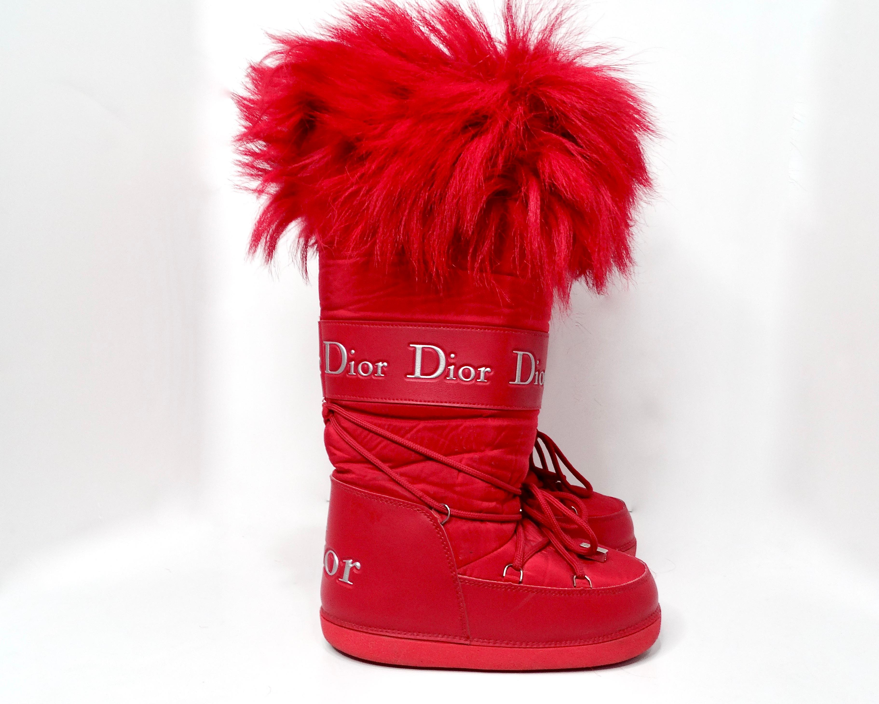 John Galliano for Christian Dior Red Lace-Up Faux Fur Snow Boots Circa Y2K For Sale 4
