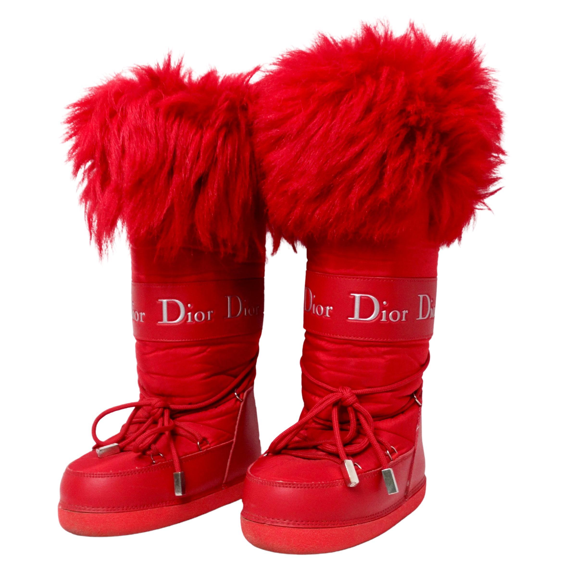 John Galliano for Christian Dior Red Lace-Up Faux Fur Snow Boots Circa Y2K For Sale