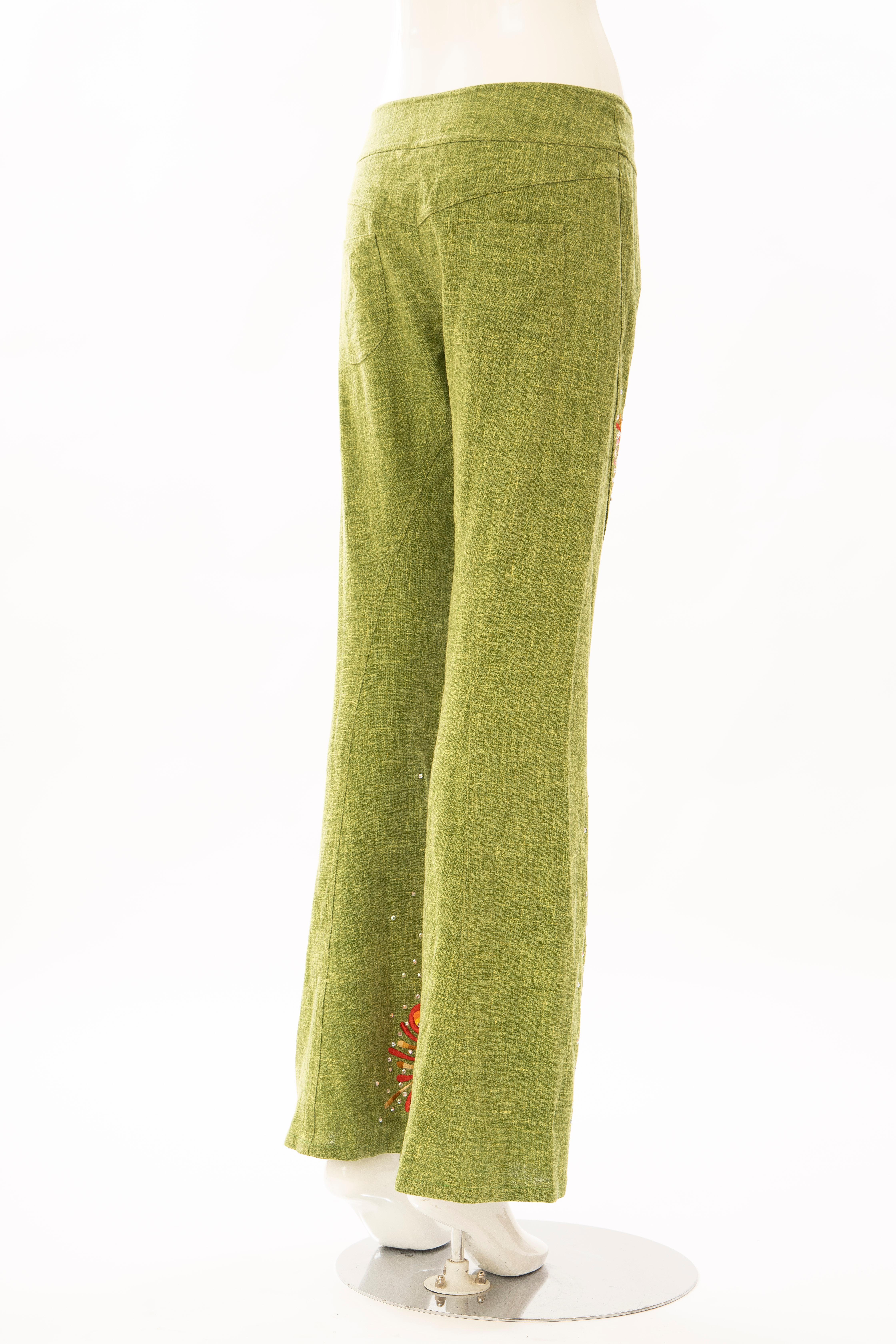 Brown John Galliano for Christian Dior Runway Embroidered Linen Pants, Spring 2002