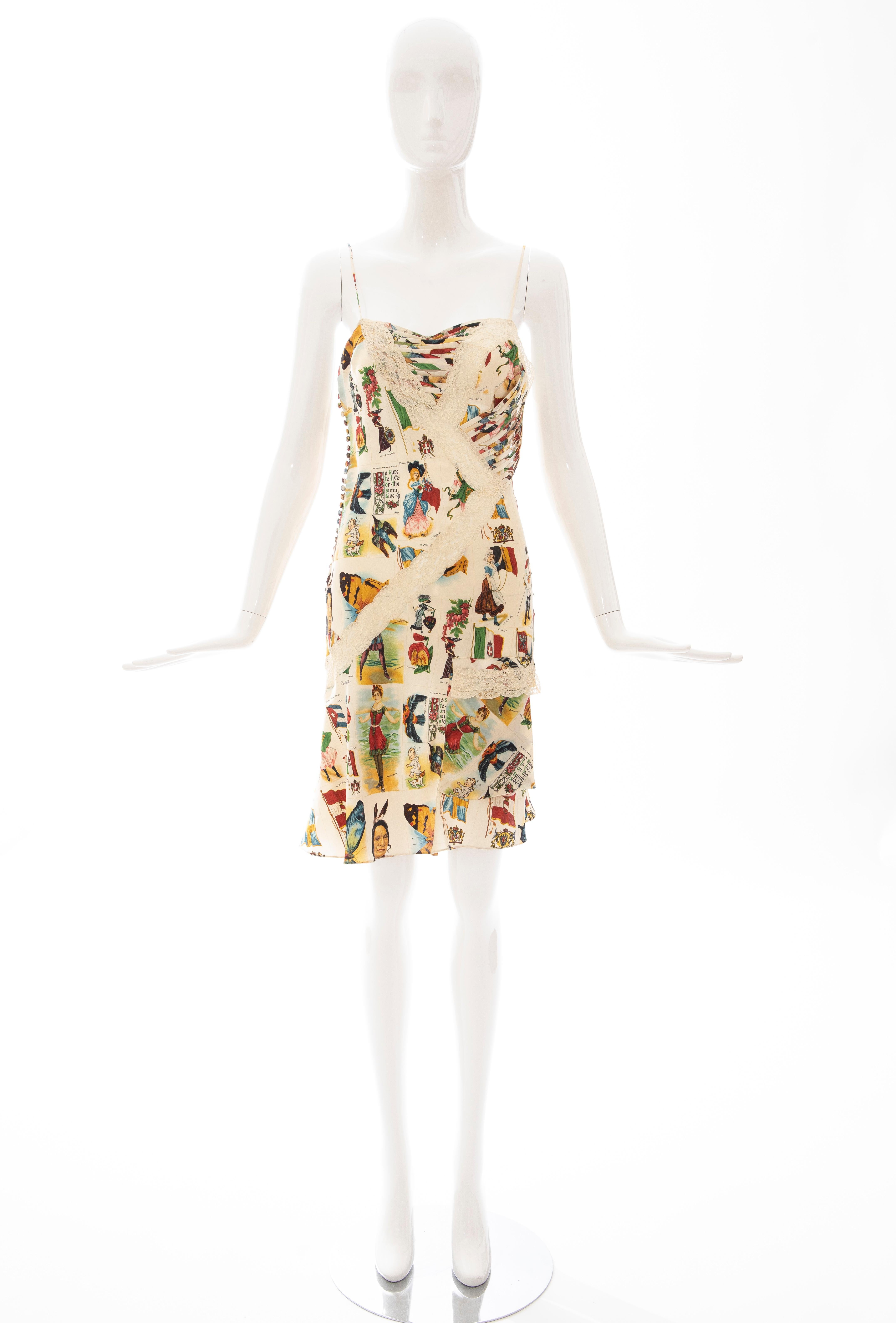 John Galliano for Christian Dior Runway, Spring 2002, silk and lace printed dress with all-over Americana & butterfly stamps, spaghetti straps, cutout accents, single flap pocket and multi-button closures at side. 

FR. 38, US. 6

Bust: 30, Waist: