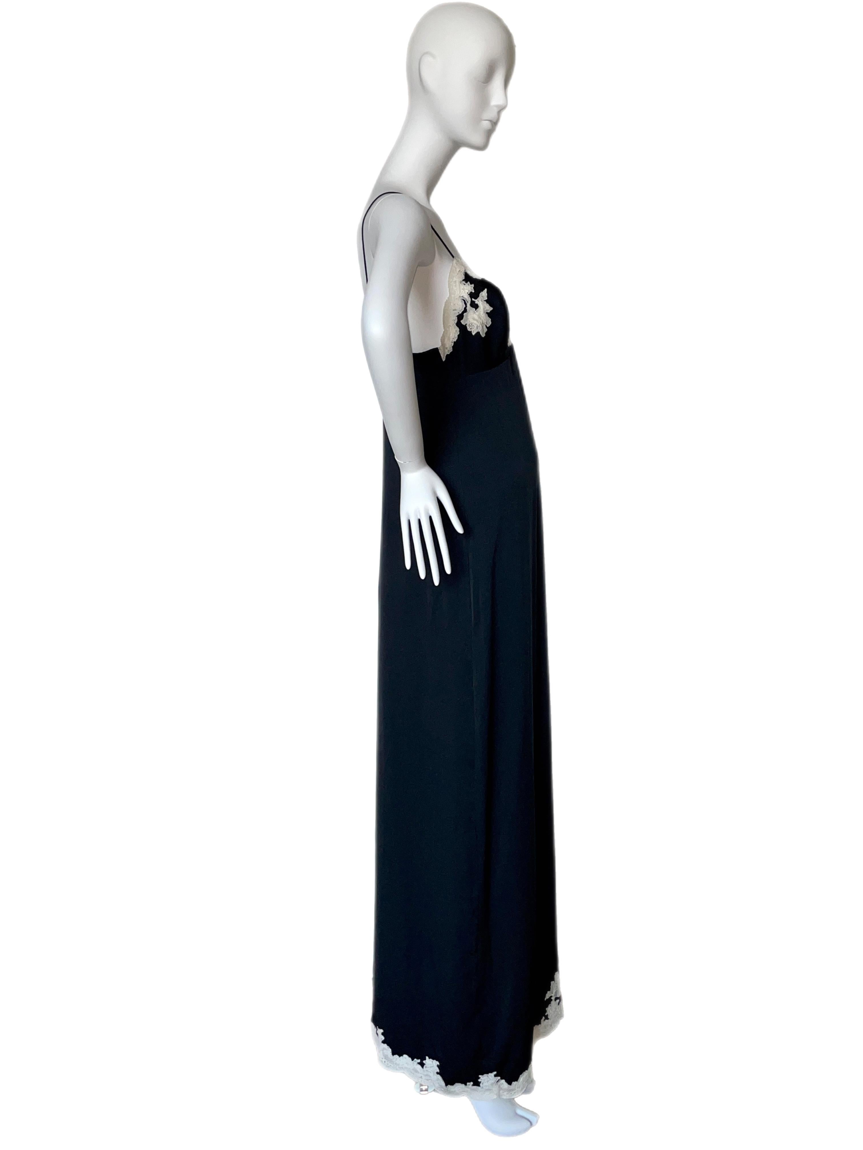John Galliano for Christian Dior silk black maxi gown dress with white lace trim In Excellent Condition In Leonardo, NJ