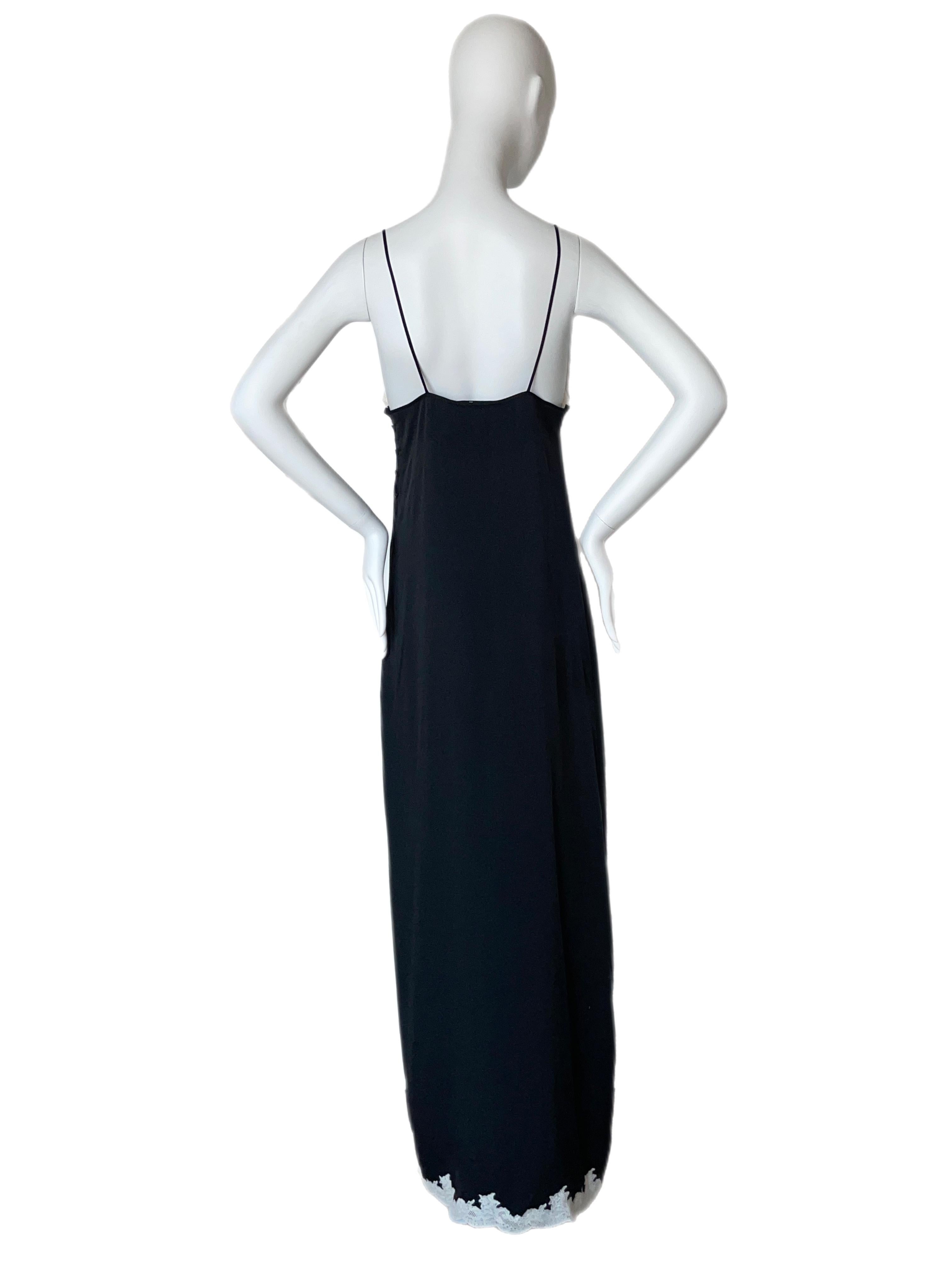 Women's John Galliano for Christian Dior silk black maxi gown dress with white lace trim