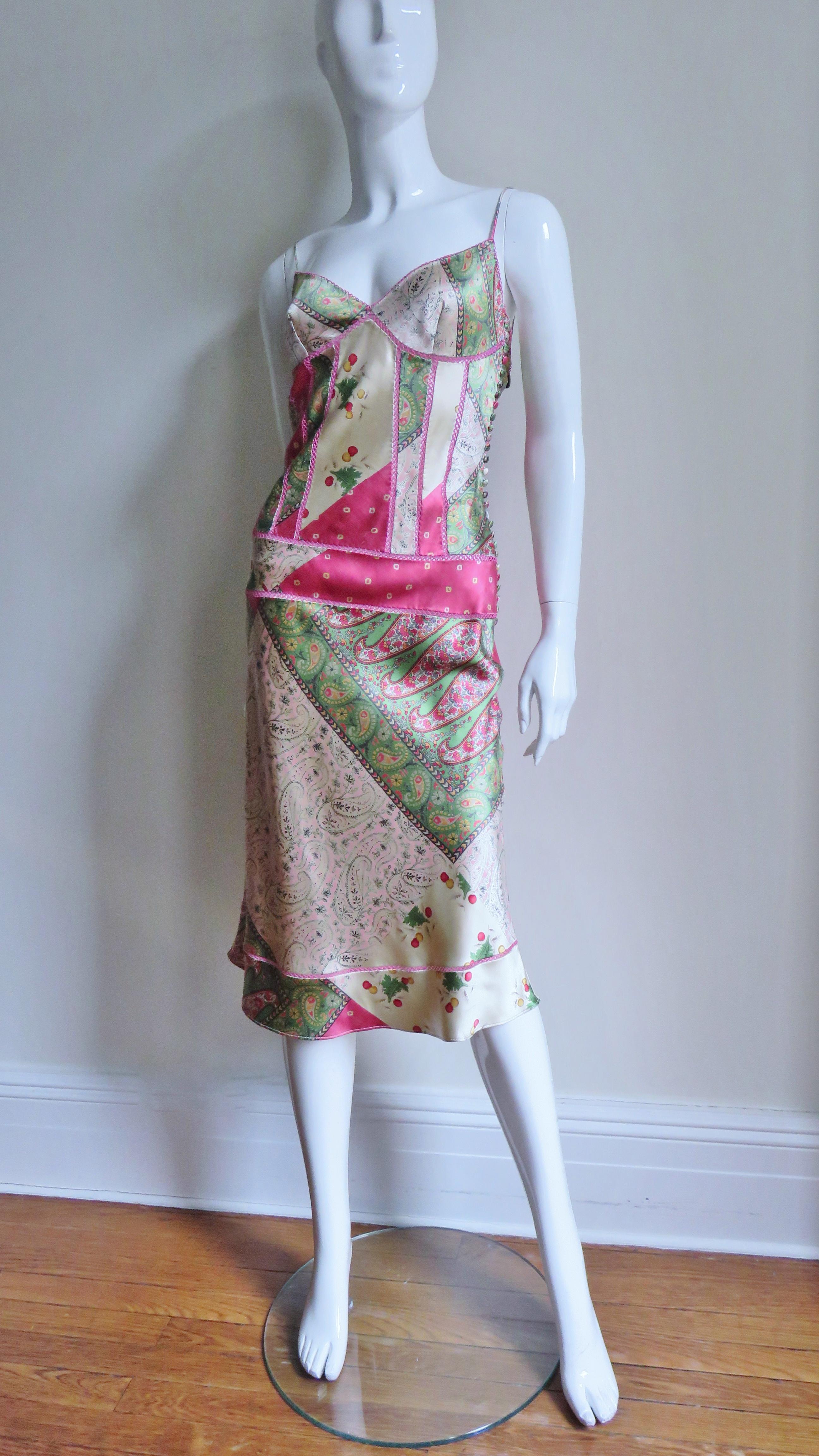 John Galliano for Christian Dior S/S 2004 Mixed Print Silk Slip Dress For Sale 2