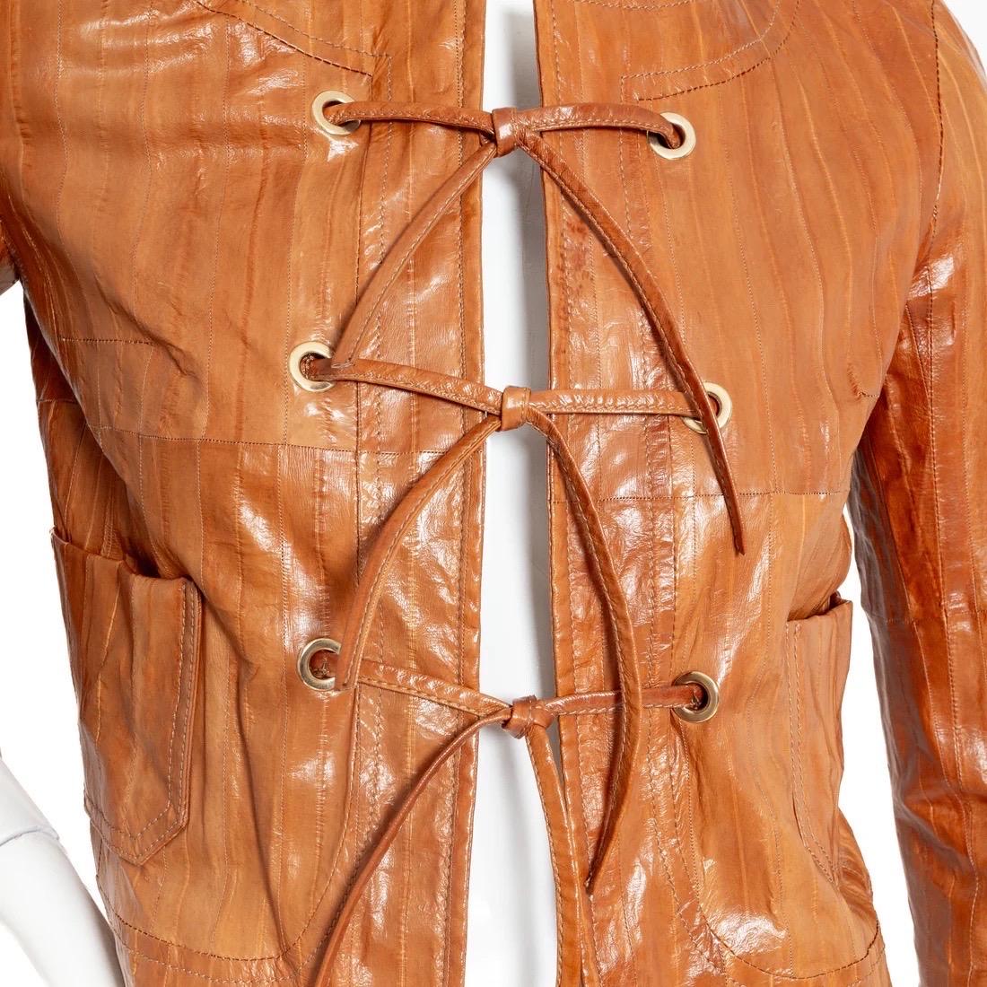 John Galliano For Christian Dior Vintage Brown Eel Leather Grommet Jacket For Sale 4