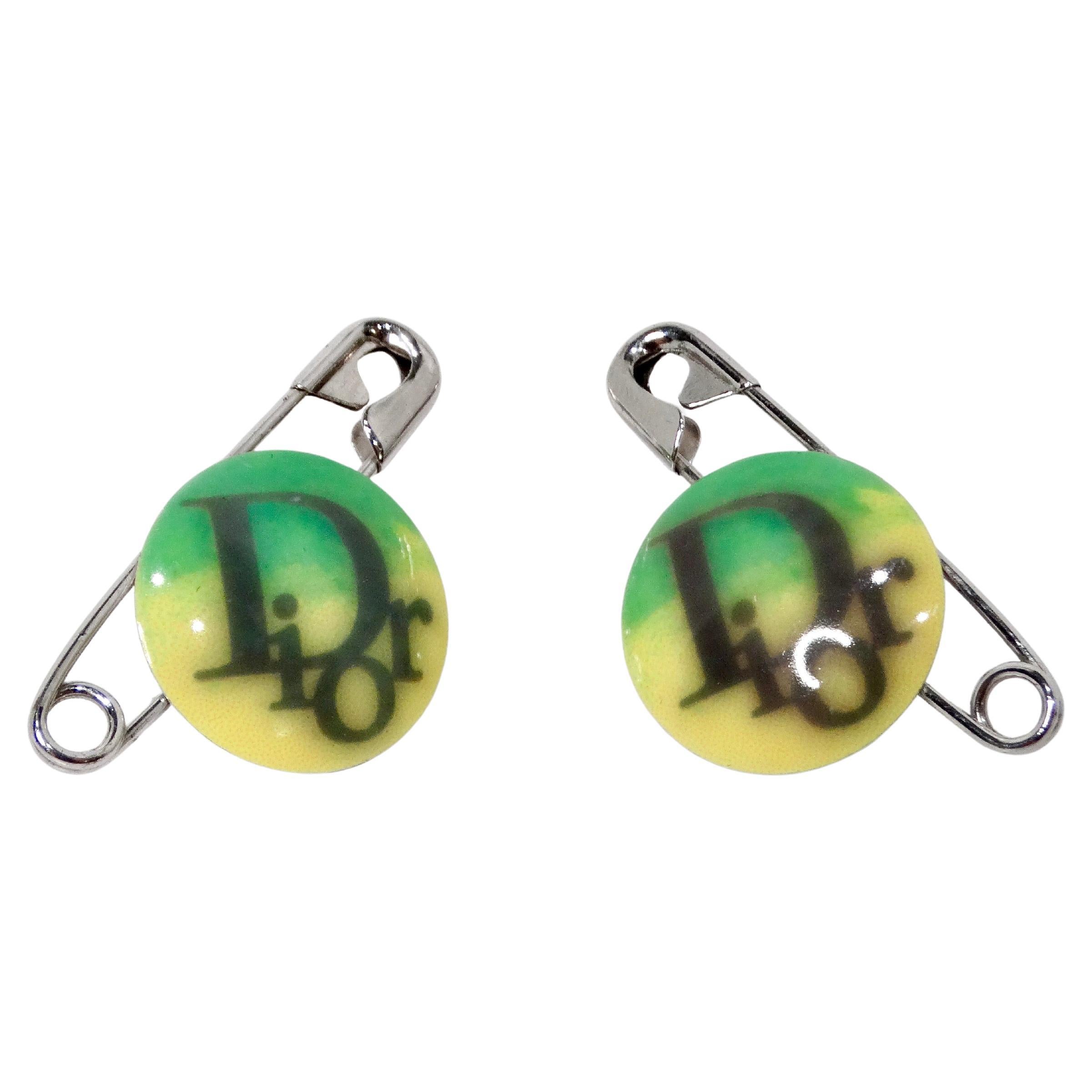 John Galliano for Christian Dior Y2K Logo Safety Pin Clip-On Earrings For Sale